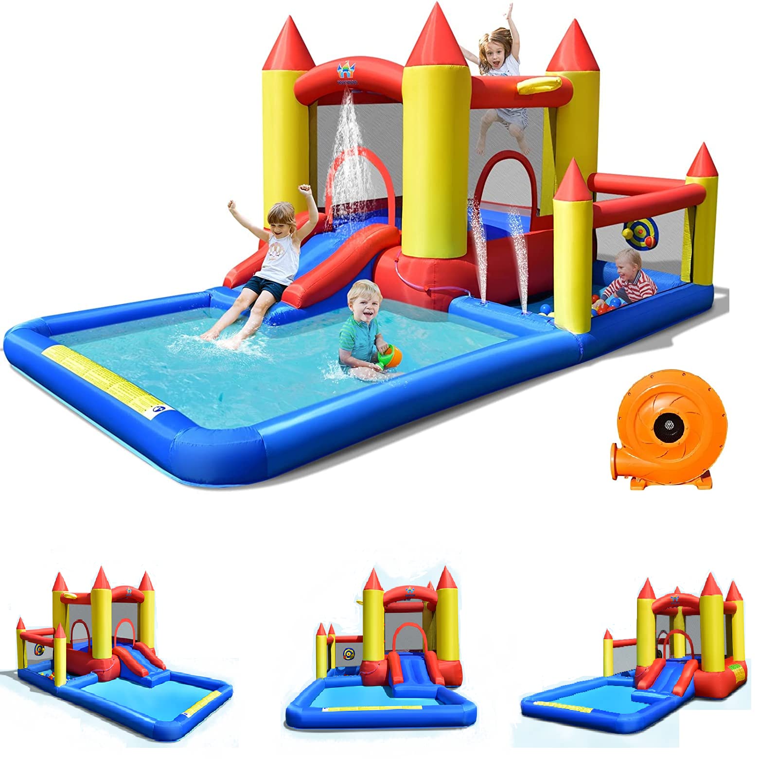 BOUNTECH Inflatable Water Bounce House with 480W Blower - Giant Waterslide Park for Kids & Adults, Splash Pool, Wet & Dry Outdoor Play - Perfect for Backyard Parties, Summer Fun, and Birthday Gifts