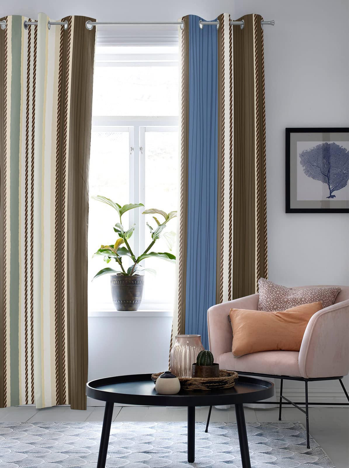 Boho Geometric Blue Brown Striped Window Curtains 84 Inches Long, Southwestern Native Tribal Pattern Grommet Drapes - 2 Panels for Kitchen, Cafe, Bedroom & Living Room Window Treatment | Light Filtering & Privacy for Cozy Home Decor