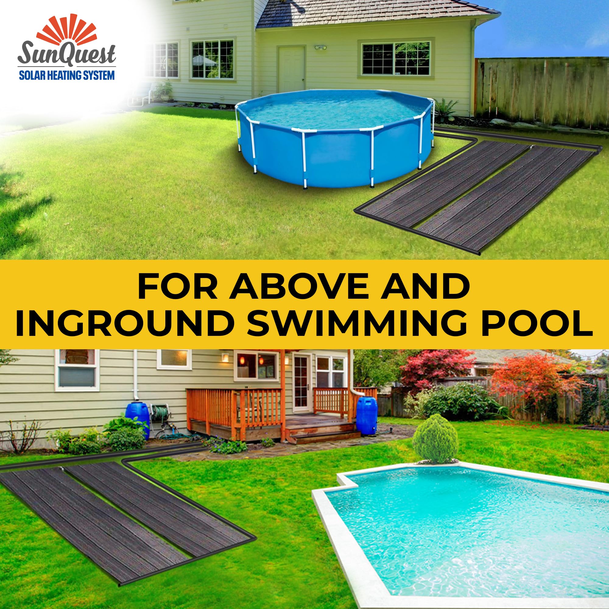 SunQuest Solar Pool Heater Panels - 2 Pack (2ft x 10ft) Solar Water Heating Collectors with Hose Adapters for Above Ground & Inground Pools | DIY Installation | UV-Resistant Polypropylene Panels | Perfect for Extending Swimming Season & Energy Savings
