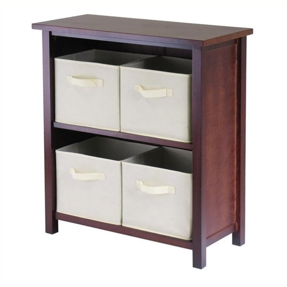 Pemberly Row 3-Tier Solid Wood Storage Shelf with Baskets - Walnut/Beige Finish for Bedroom, Bathroom & Living Room Organization