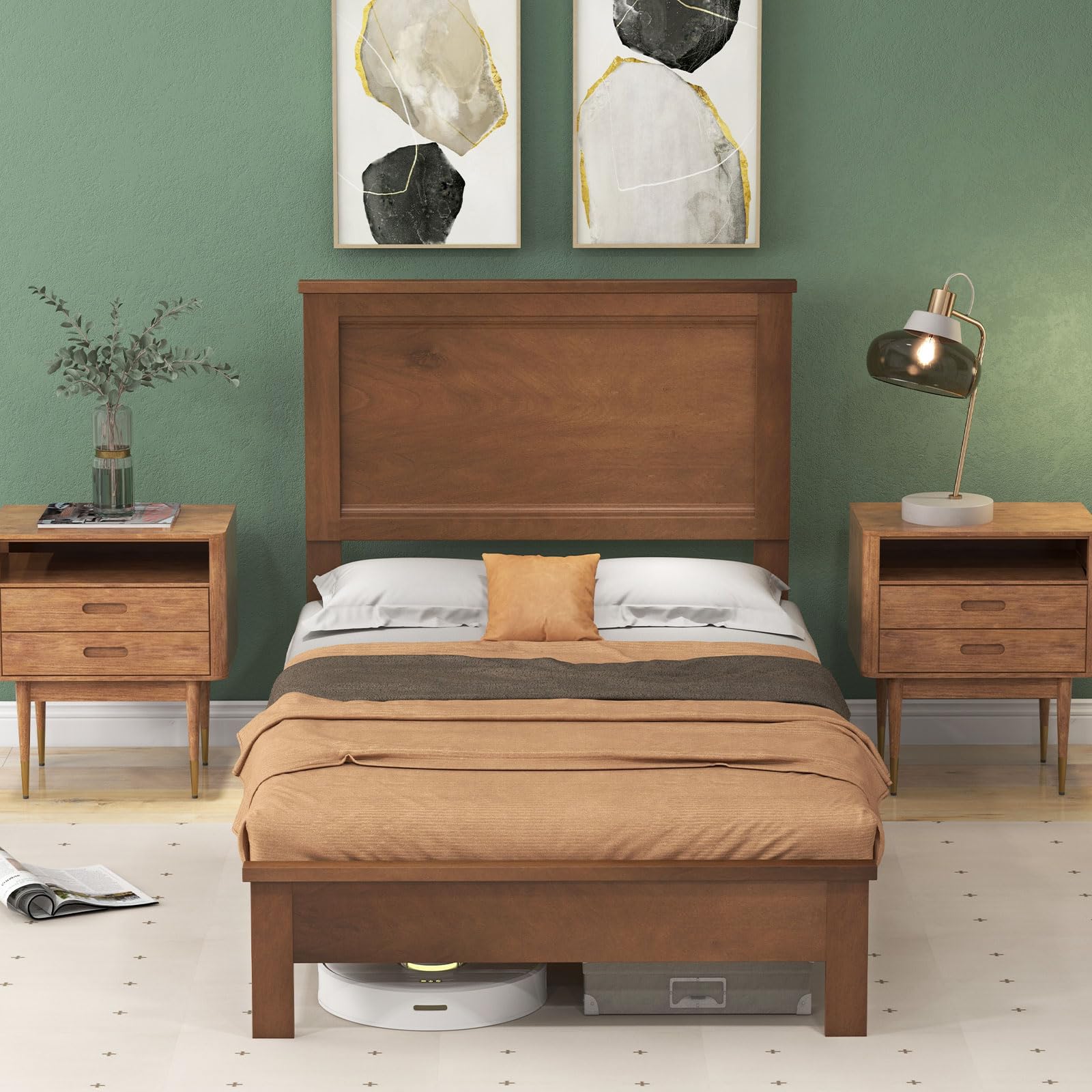 Giantex Solid Wood Twin Bed Frame with Headboard - Mid Century Modern Platform Bed with Wooden Slats & Sturdy Legs - Twin Size Bed for Kids & Adults - Walnut Finish - Perfect for Bedrooms, Guest Rooms & Dormitories