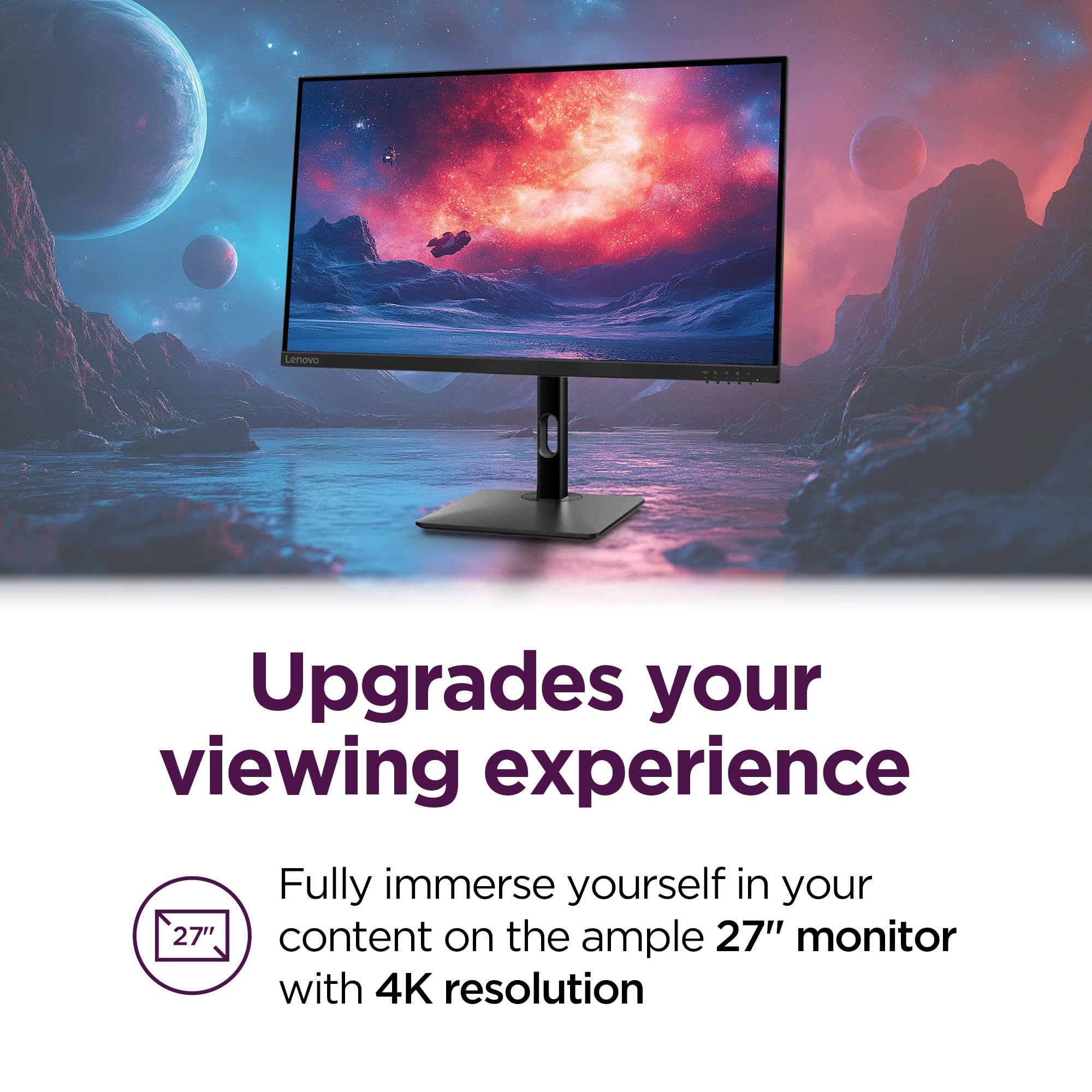 Lenovo N27p 27-inch 4K IPS Monitor with HDR400, 62Hz Refresh Rate, USB-C Port, TÜV Low Blue Light, Height Adjustable Stand & Near Edgeless Design - Perfect for Home Office, Gaming & Graphic Design