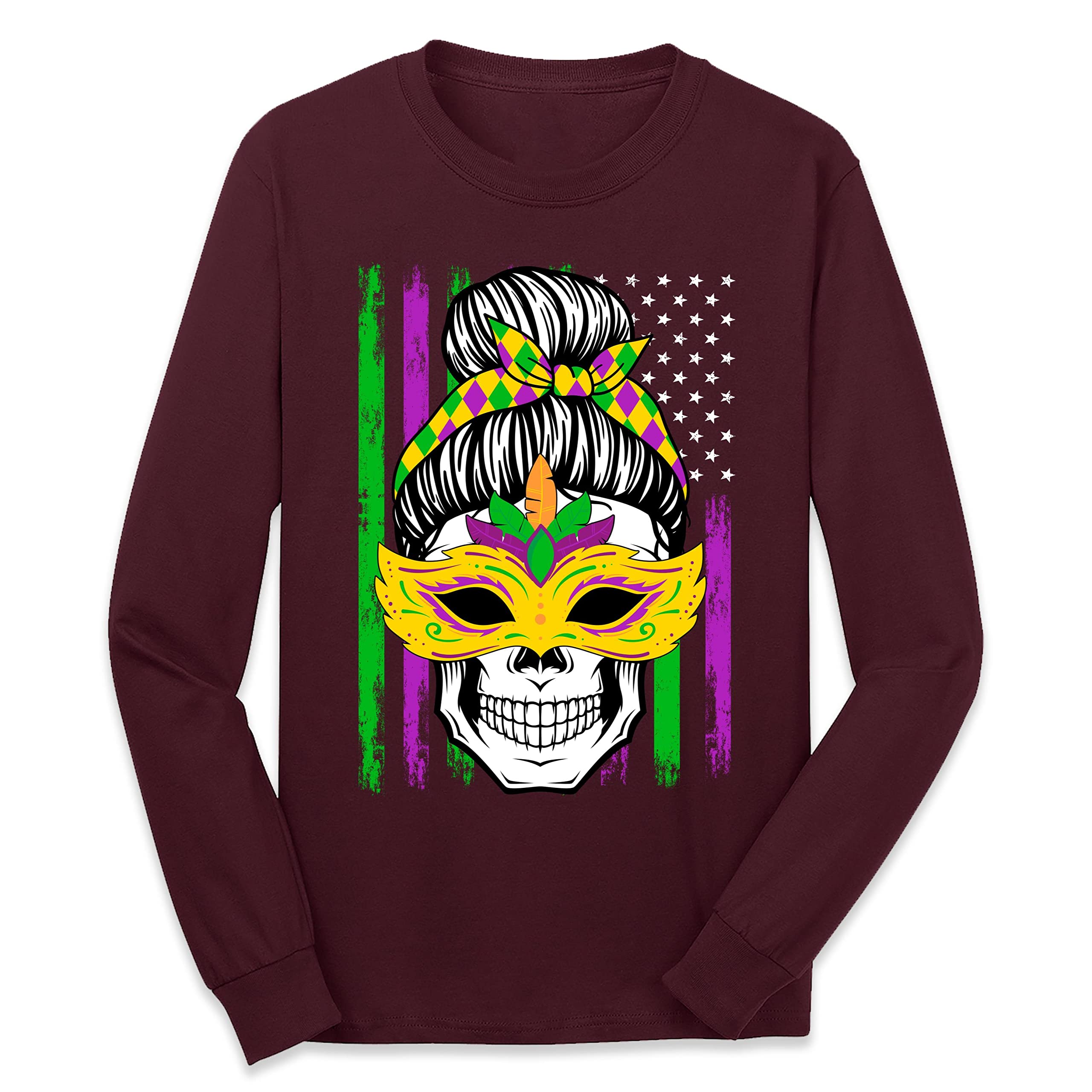 Stylish Mardi Gras Carnival Skull Print Long Sleeve Shirt for Women - Perfect for Costume Parties, Halloween & Festive Celebrations