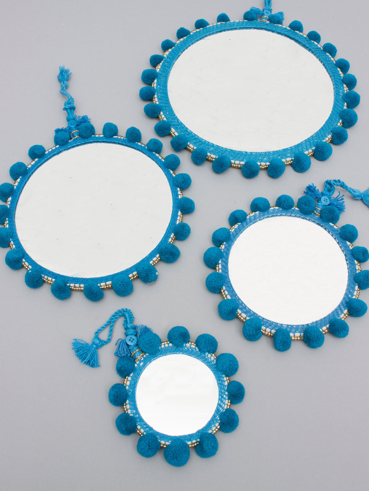 Stylish Teal Pom Pom Wall Mirror - Boho Home Decor for Bedroom, Living Room & Bathroom