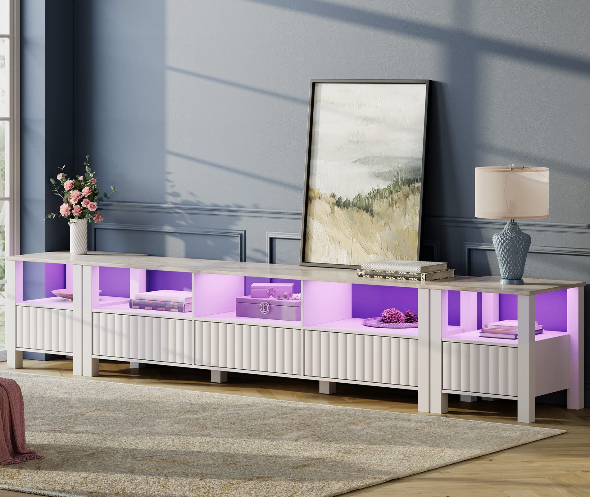 WAMPAT 100 Inch TV Stand with 10 Storage Compartments - Farmhouse Style Entertainment Center for Living Room, Bedroom & Home Theater - Rustic White Wood Media Console
