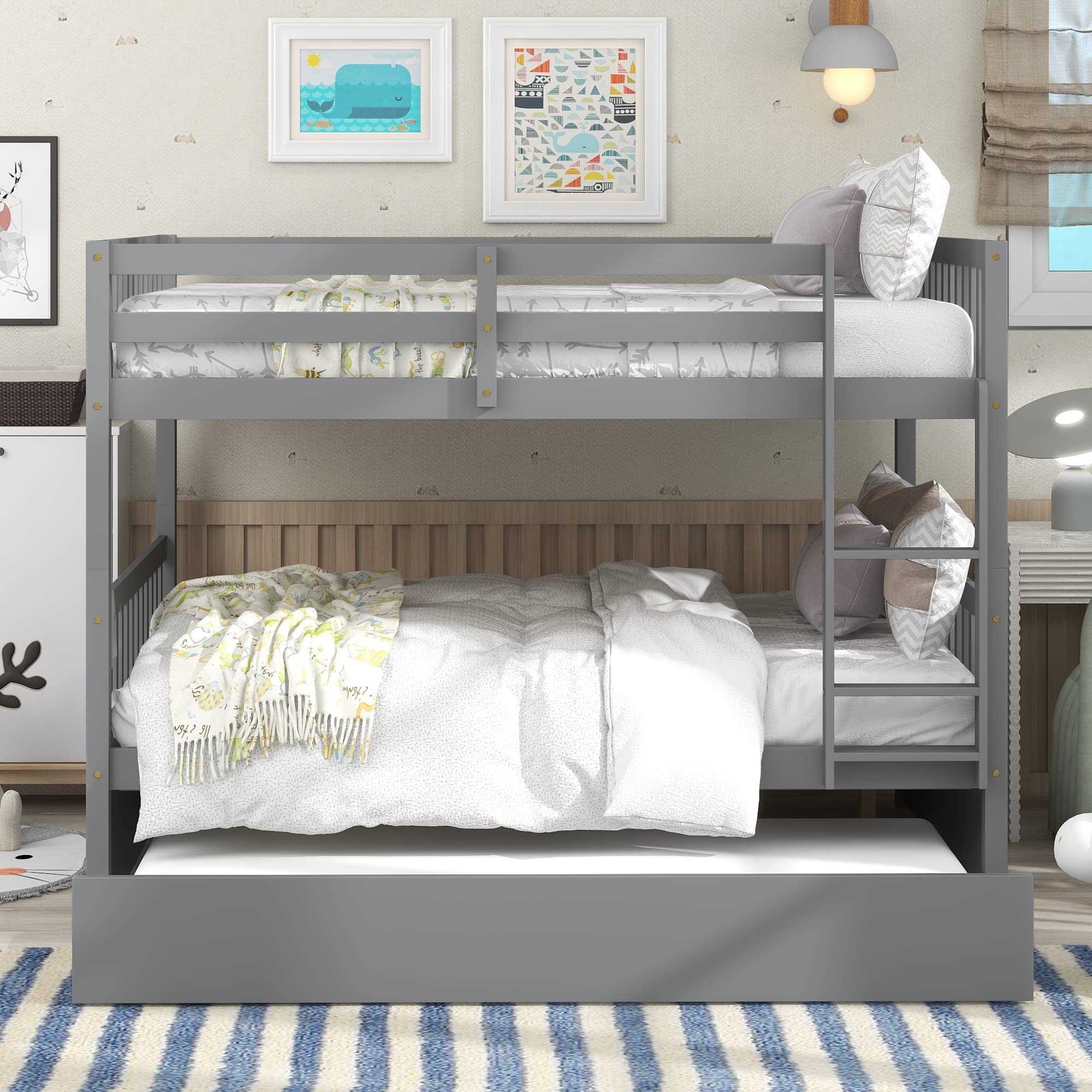 Rophefx Full Over Full Bunk Bed with Trundle - Convertible Wooden Bunk Beds for Kids, Teens & Adults - Sturdy Frame with Safety Rails & Ladder - Space-Saving Grey Bunkbed for Small Rooms, Guest Rooms & Vacation Homes