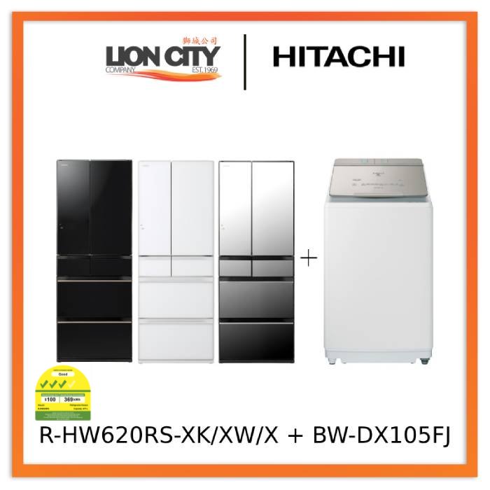 Hitachi R-HW620RS XK/XW/X 416L Multi-Door Refrigerator & BW-DX105FJ Top Load Washer Dryer Combo (10.5kg Wash/5.5kg Dry) - Energy Efficient Kitchen Appliances for Modern Homes
