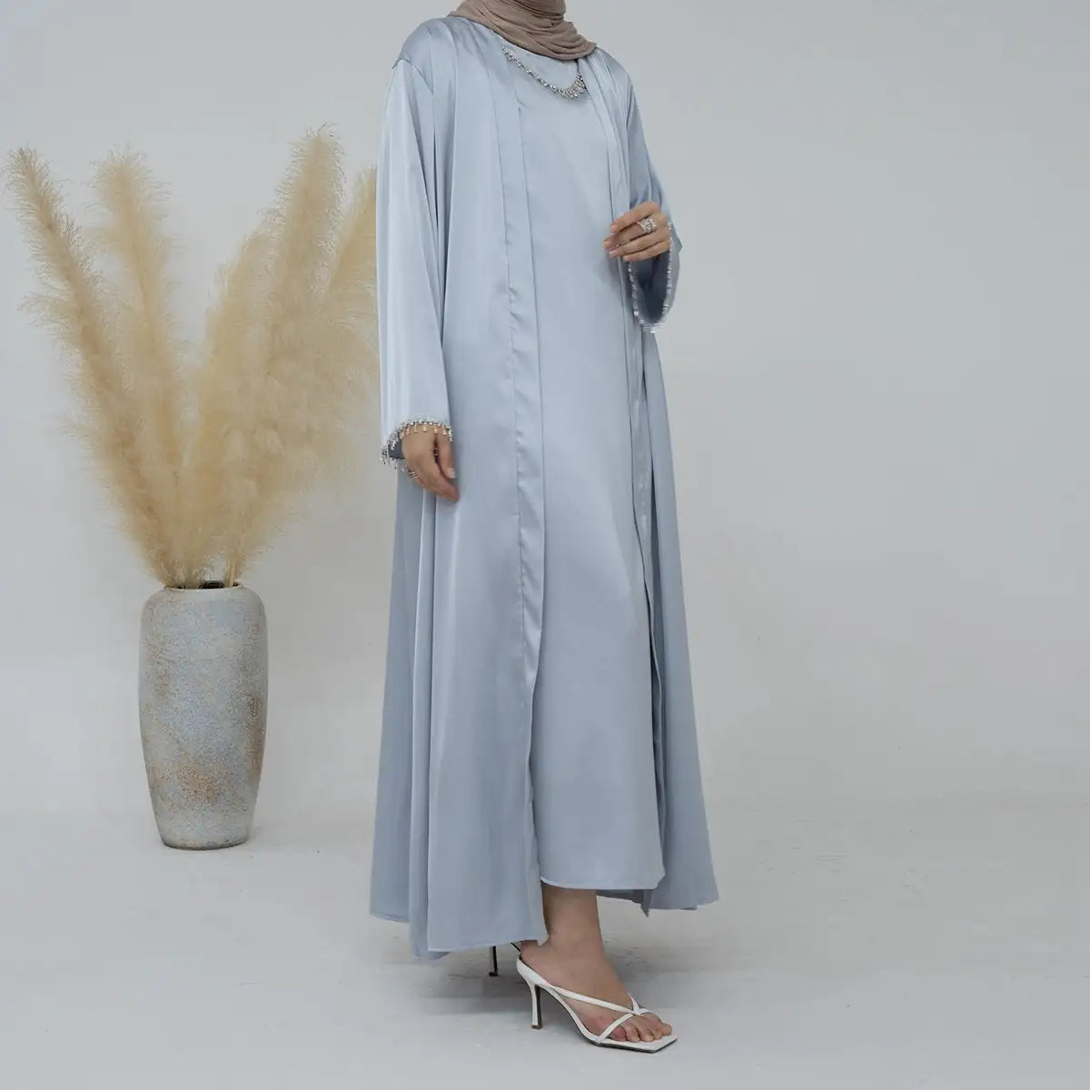 Elegant 2-Piece Modest Fashion Set - Crystal Belt Open Abaya with Sleeveless Inner Dress | Perfect for Eid, Ramadan & Special Occasions