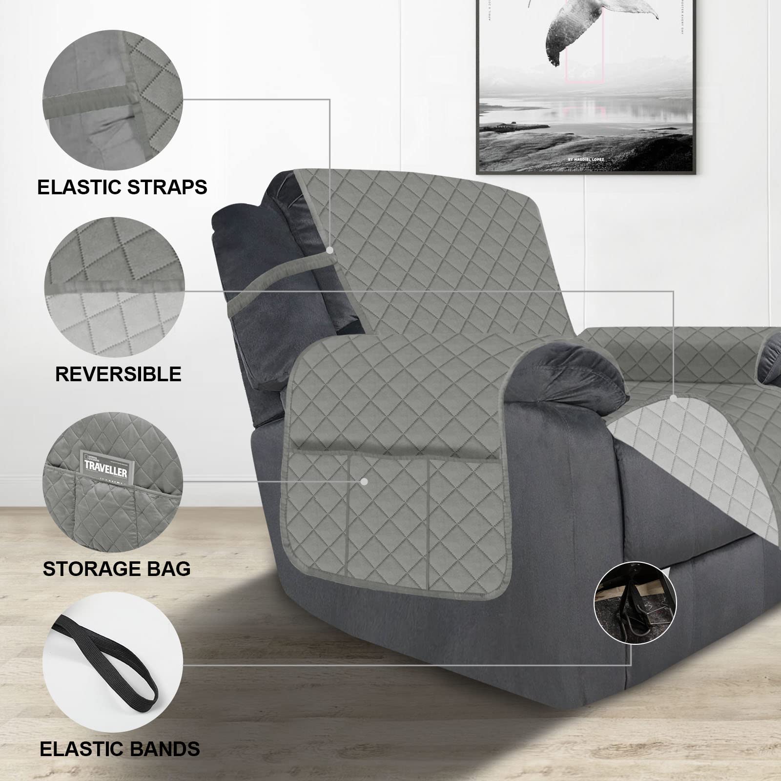 Deeky Recliner Chair Covers for Large Recliners - Reversible Water Resistant Slipcovers with Elastic Straps for Sofa, Couch & Reclining Chairs - Pet & Dog Friendly Furniture Protector in Gray/Light Gray - Perfect for Living Room, Home Theater & Family Gatherings
