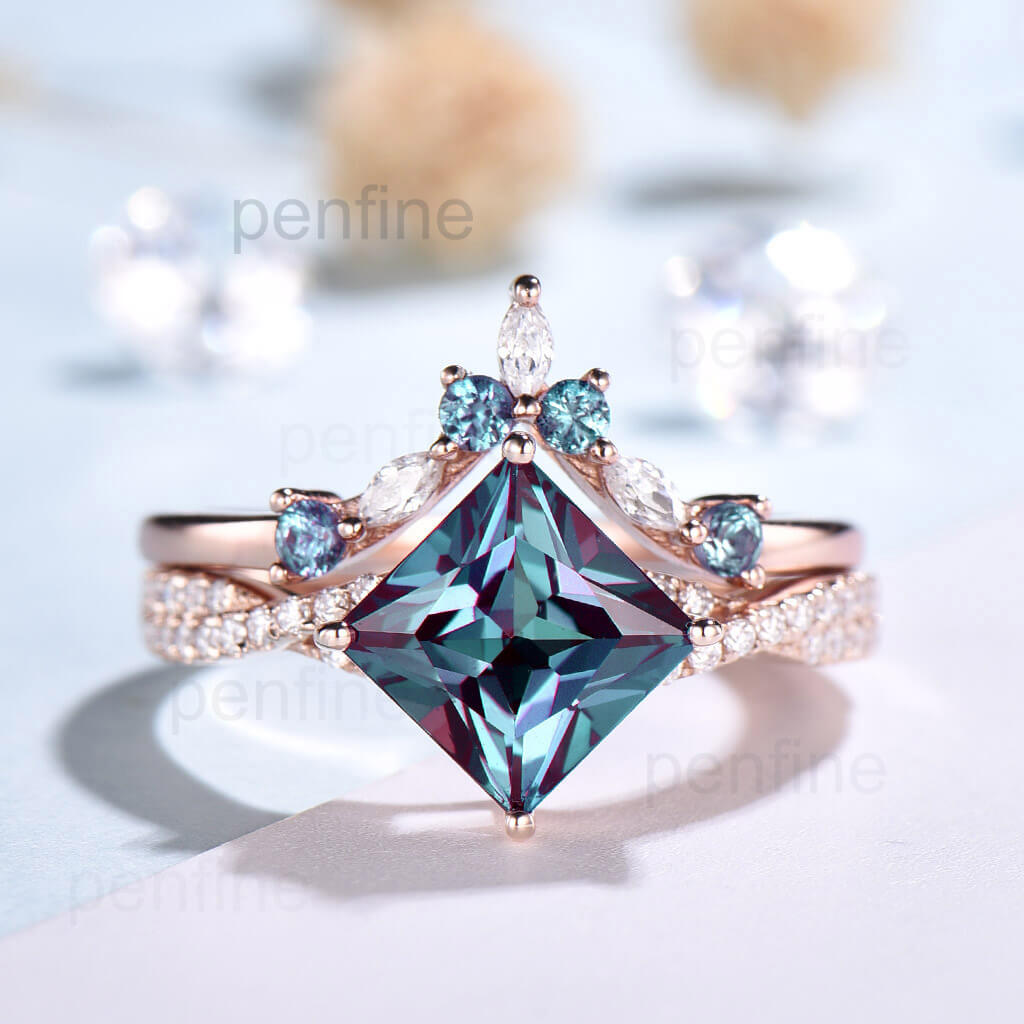 Infinity Princess Alexandrite Bridal Ring Set - 2 Piece Curved Moissanite Wedding Band for Engagement & Anniversary Gifts | Perfect for Bridal Jewelry & Special Occasions