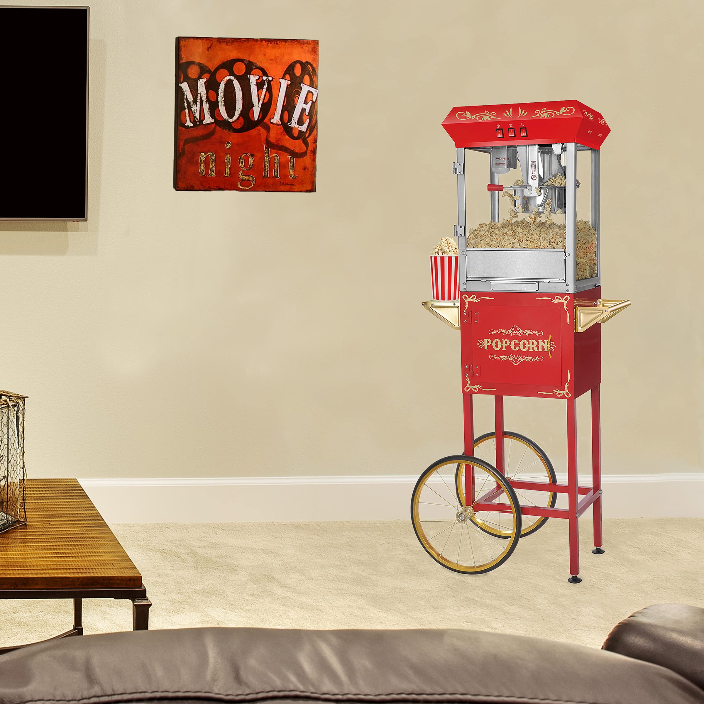 Great Northern Popcorn Machine with Cart - 8oz Commercial Popcorn Popper with Stainless Steel Kettle, Warming Light & Accessories (Red) - Perfect for Movie Nights, Parties & Concession Stands