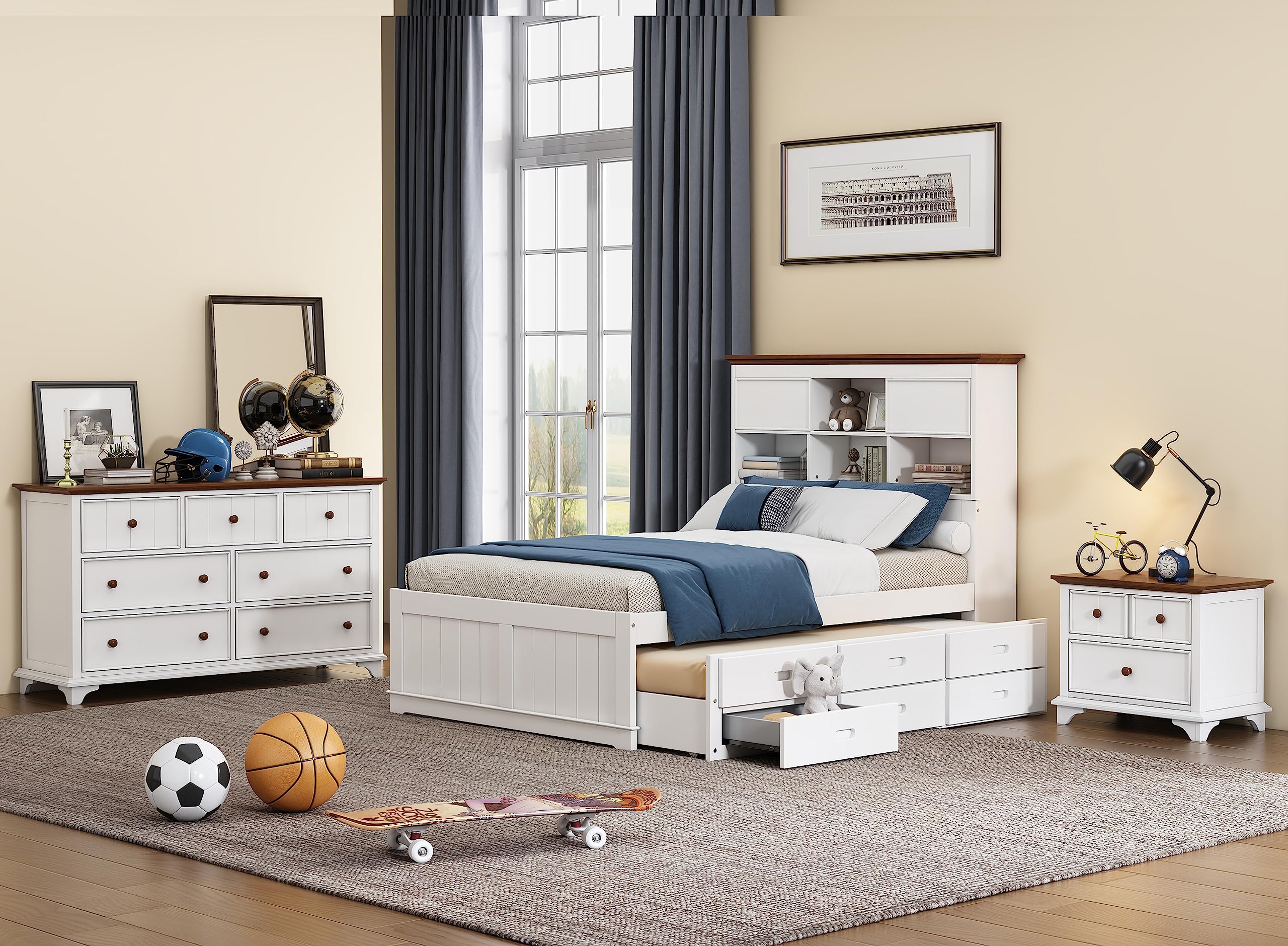 3 Piece Full Size Wooden Captain Platform Bed Set with Trundle, Nightstand & 7-Drawer Dresser - Kids & Teens Bedroom Furniture for Small Spaces, Guest Rooms & Dormitories