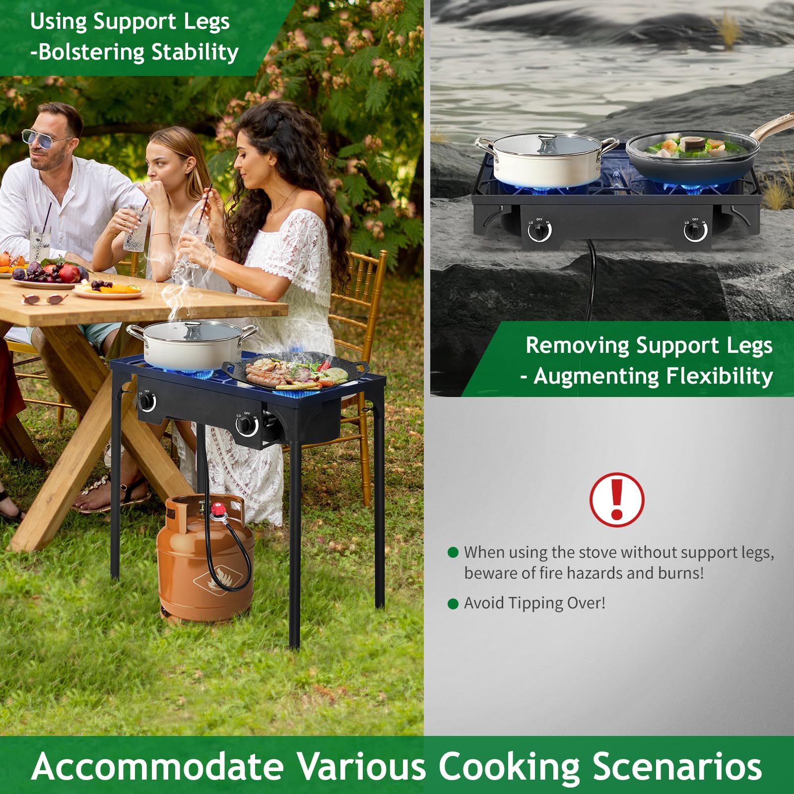 Outvita 2 Burner Propane Gas Stove - 150,000 BTU High-Power Outdoor Camping Stove with Detachable Legs Stand - Perfect for Backyard BBQ, Turkey Frying, Baking & Picnic Cooking - Portable for Camping, Tailgating & RV Trips