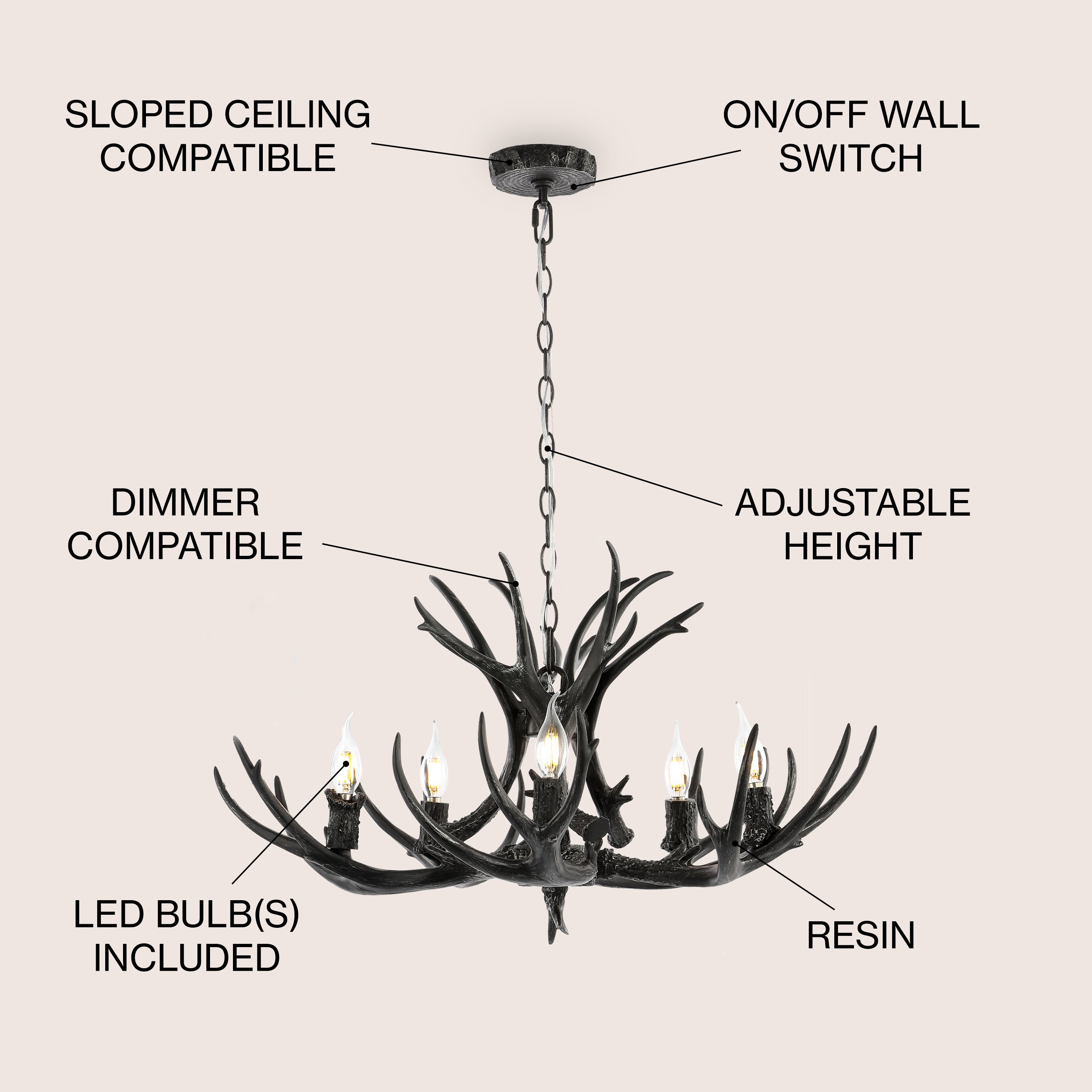Eldora Adjustable Resin Antler LED Chandelier Light Fixture - Rustic Modern Lighting for Dining Room, Living Room, Cabin & Lodge Decor