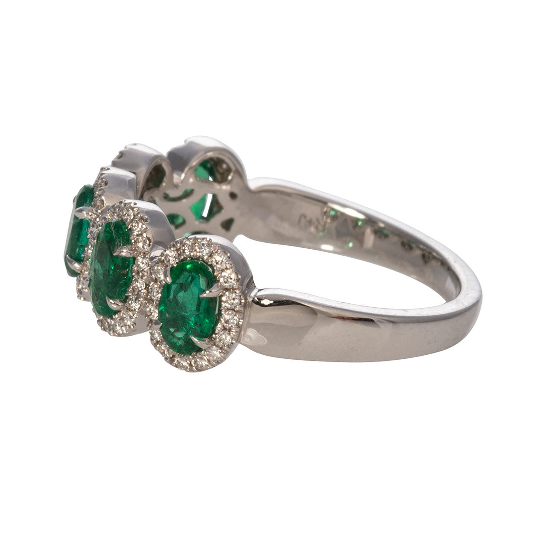 14K White Gold Five Stone Oval Emerald & Diamond Halo Engagement Ring - Perfect for Proposals, Anniversaries, and Special Occasions
