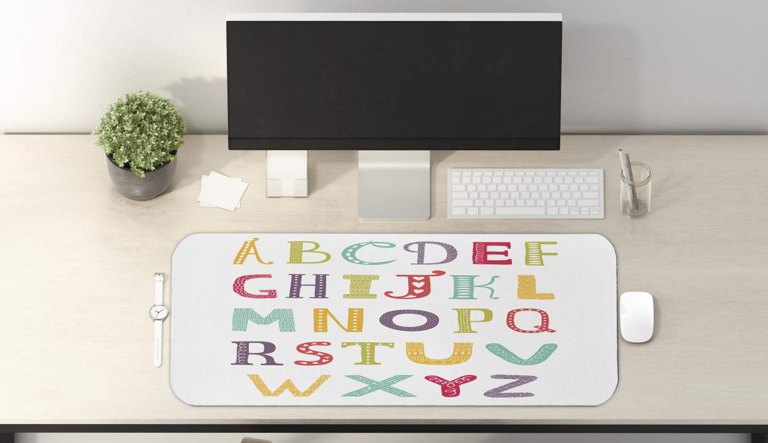 Ambesonne Alphabet Computer Mouse Pad - Colorful Letters Print, Non-Slip Rubber Base, Large 31