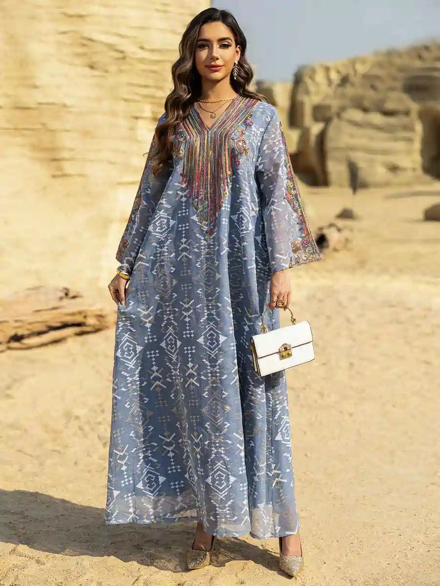 Elegant Eid Dress with Embroidery Applique - Flowy Caftan Kaftan Maxi Dress #25468 for Women - Perfect for Holiday Celebrations, Parties & Special Occasions