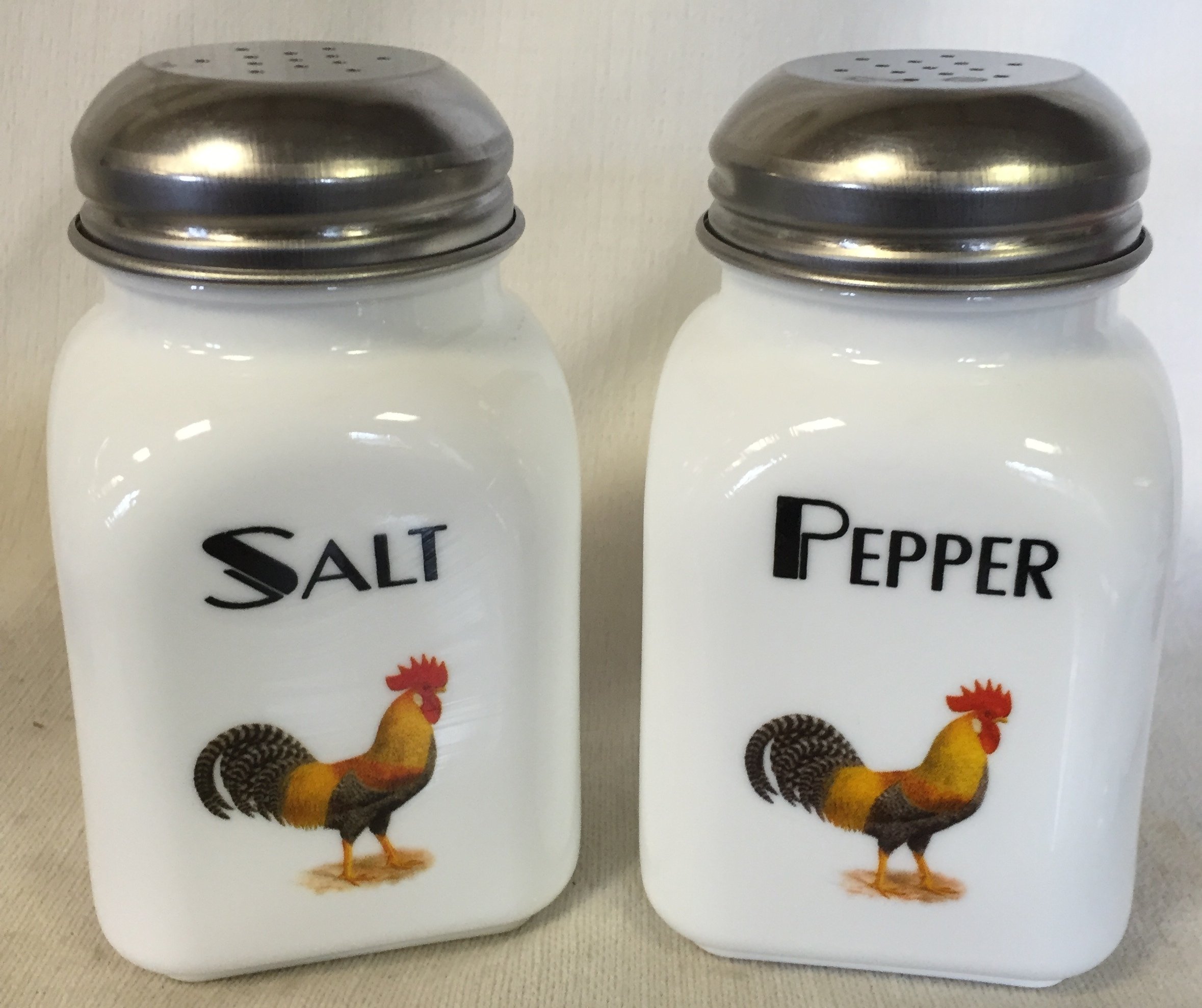 Premium Square Stove Top Salt & Pepper Shakers - Handmade Rosso Glass Chicken Design - American Made by Mosser Glass USA (Milk w/Leghorn) - Perfect for Kitchen, Dining Table & Gift Giving