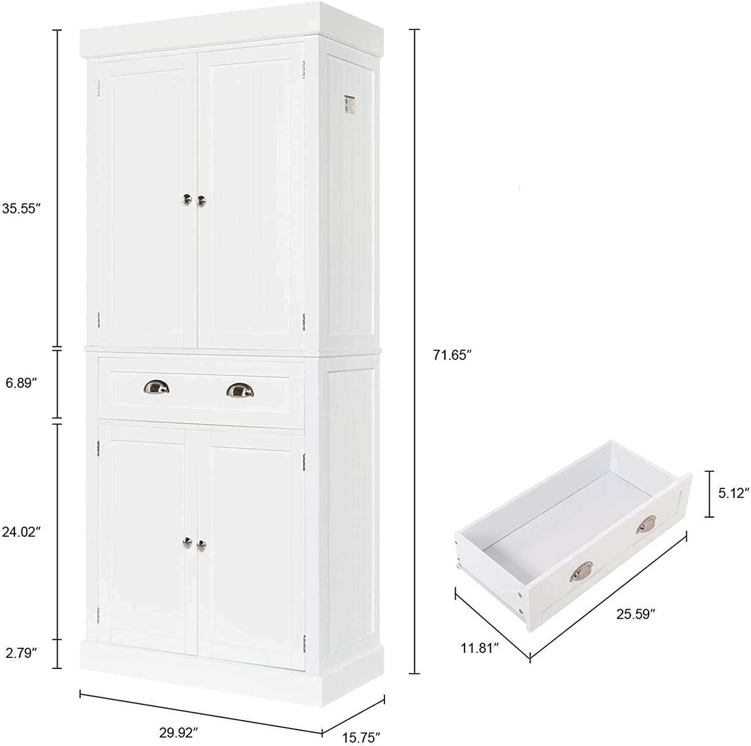 Freestanding Kitchen Pantry Cabinet with Single Drawer & Double Doors - 72 Inch White Storage Cabinet for Living Room, Kitchen, Dining Room - 29.92