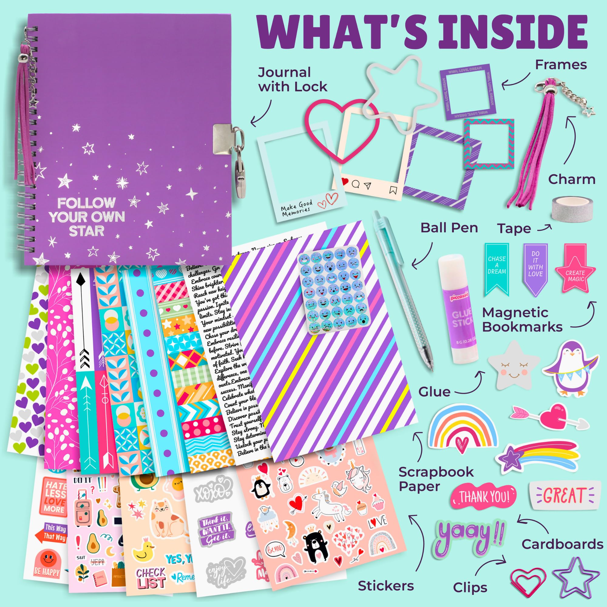 Piccassio DIY Scrapbook Journal Kit for Teens & Girls Ages 15+ - Complete Creative Craft Set with Stickers, Stationery & Art Supplies - Perfect for Memory Keeping, Bullet Journaling & Gift Giving
