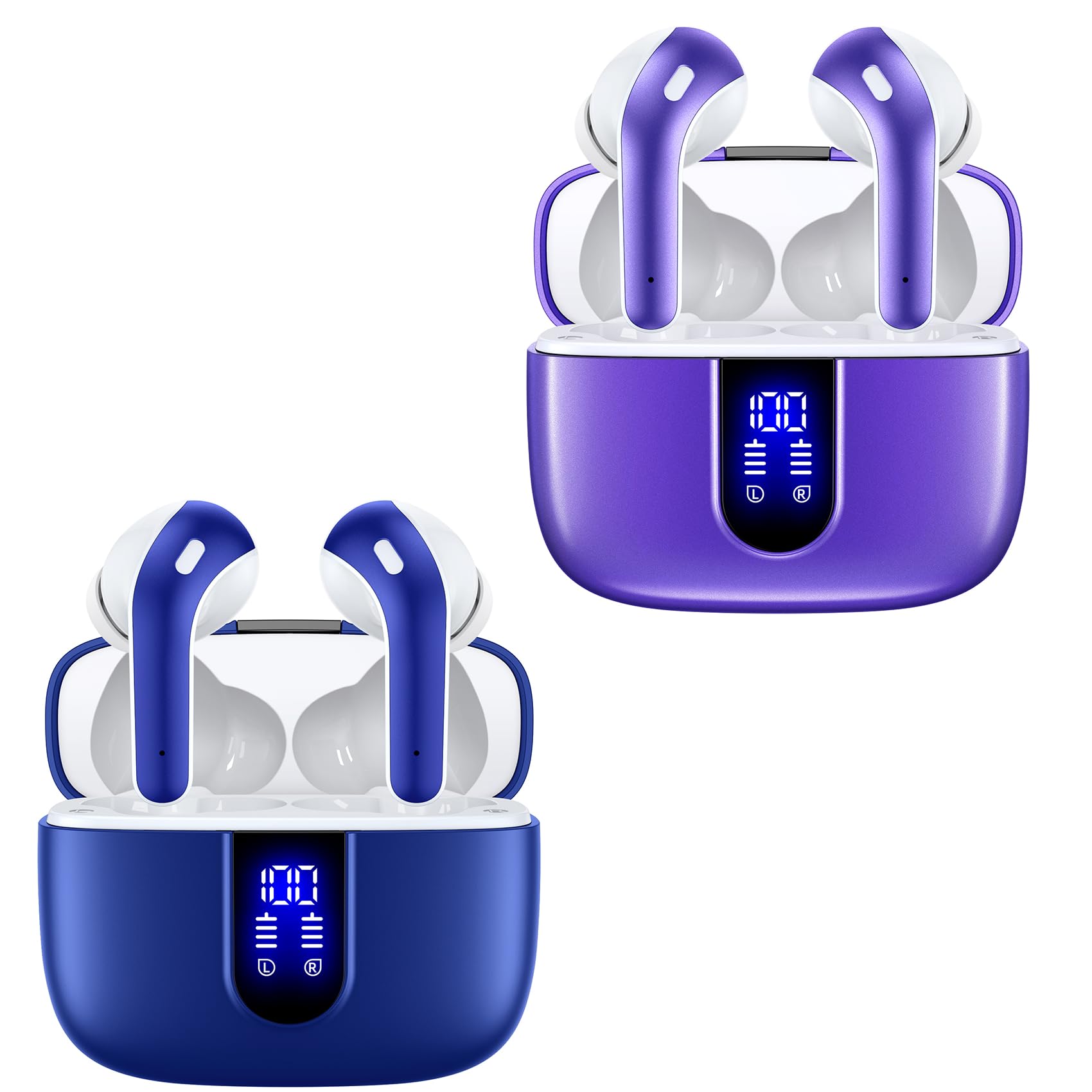 TAGRY 2 Pairs True Wireless Bluetooth Earbuds - X08 Ocean Blue & Phantom Purple, 60H Playtime, Wireless Charging Case, Built-in Mic, IPX5 Waterproof - Perfect for Gym, Running, Workouts & Commuting