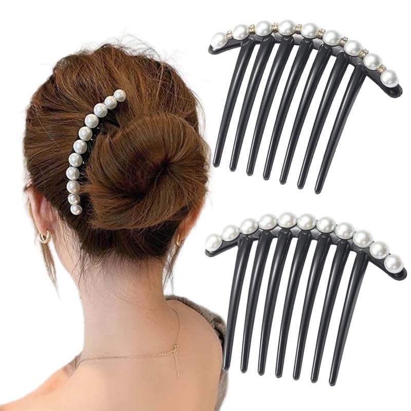 Vintage Pearl Rhinestone Hair Clips - 2PCS Black Hair Combs for Women, Perfect for Buns & Styling