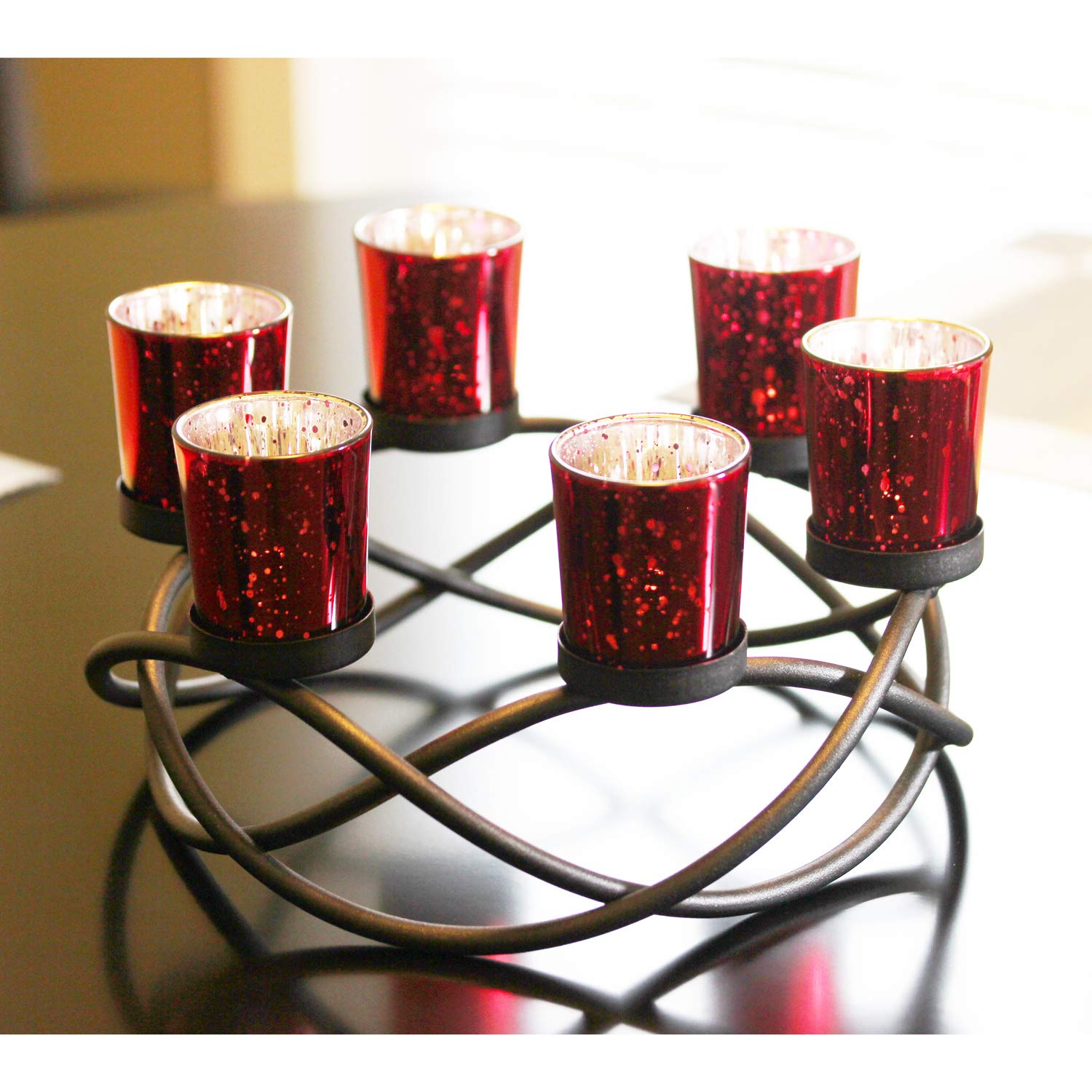 Seraphic Iron Round Table Centerpiece with Glass Votive Tealight Holders - Elegant Black Candle Holder for Weddings, Parties, Outdoor Patio, Kitchen, Dining Room & Coffee Tables (Set of 6 with Red Cups) - Perfect for Romantic Dinners, Holiday Decor & Home Accents