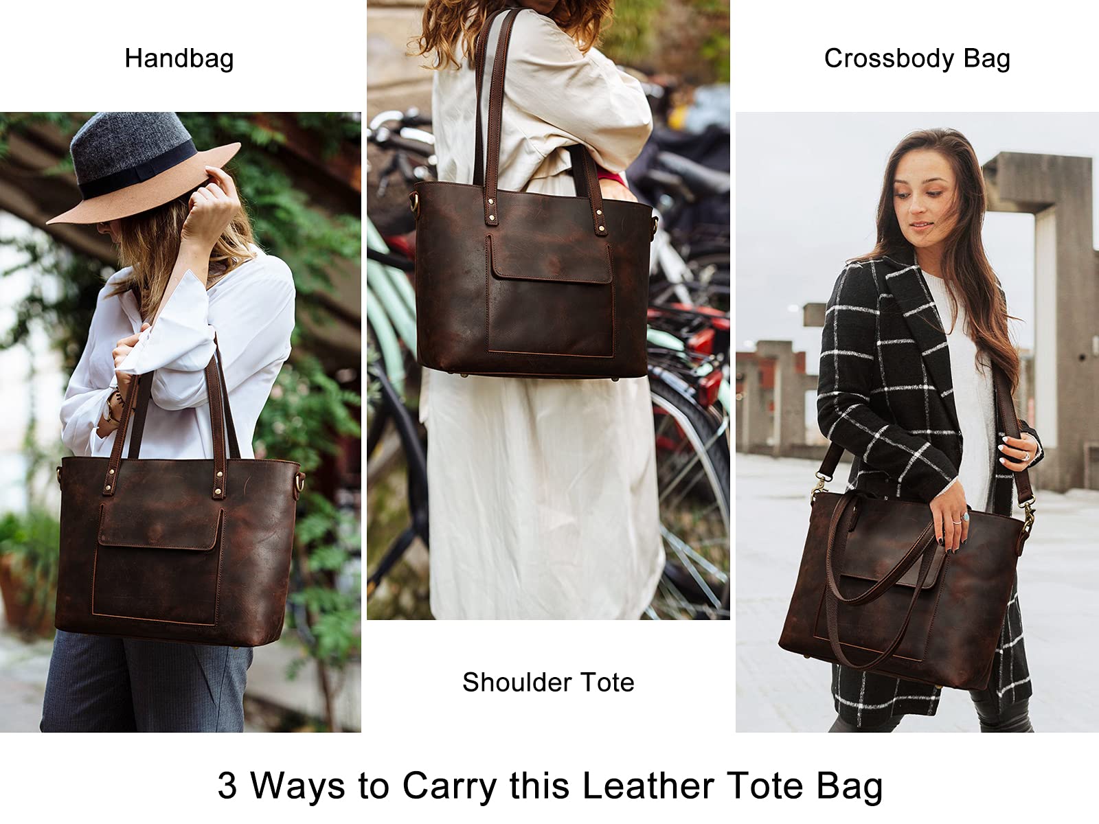S-ZONE Genuine Leather Tote Bag for Women with Matching Distressed Shoulder Bucket Purse - Stylish Handbag Set for Work, Travel & Everyday Use