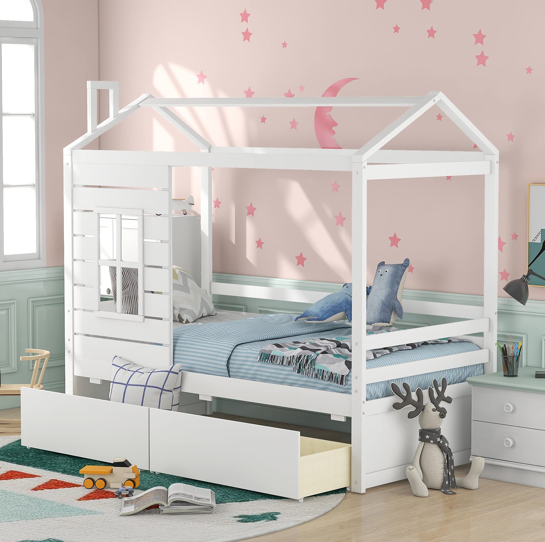 Wooden House Bed Frame for Kids - Twin Size Playhouse Bed with Storage Drawers - Perfect for Toddlers, Girls & Boys (White) - Ideal for Bedrooms, Playrooms & Montessori Learning Spaces