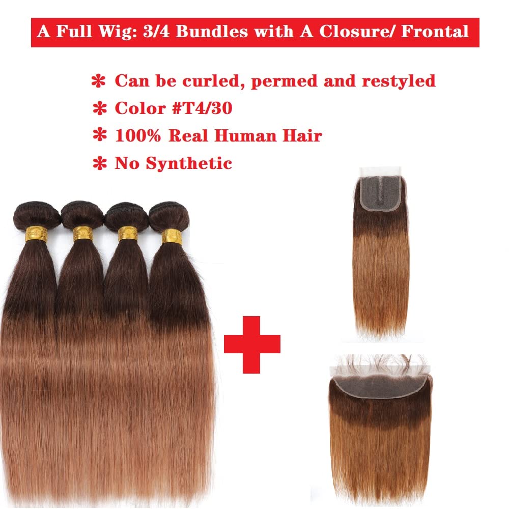 10A Brazilian Virgin Remy Human Hair Bundles - 100% Unprocessed Straight Ombre Hair Extensions (T4/30, 16 18 20 Inch) - 2 Tone Black to Honey Brown for Length & Volume - Perfect for Daily Wear, Styling & Special Occasions