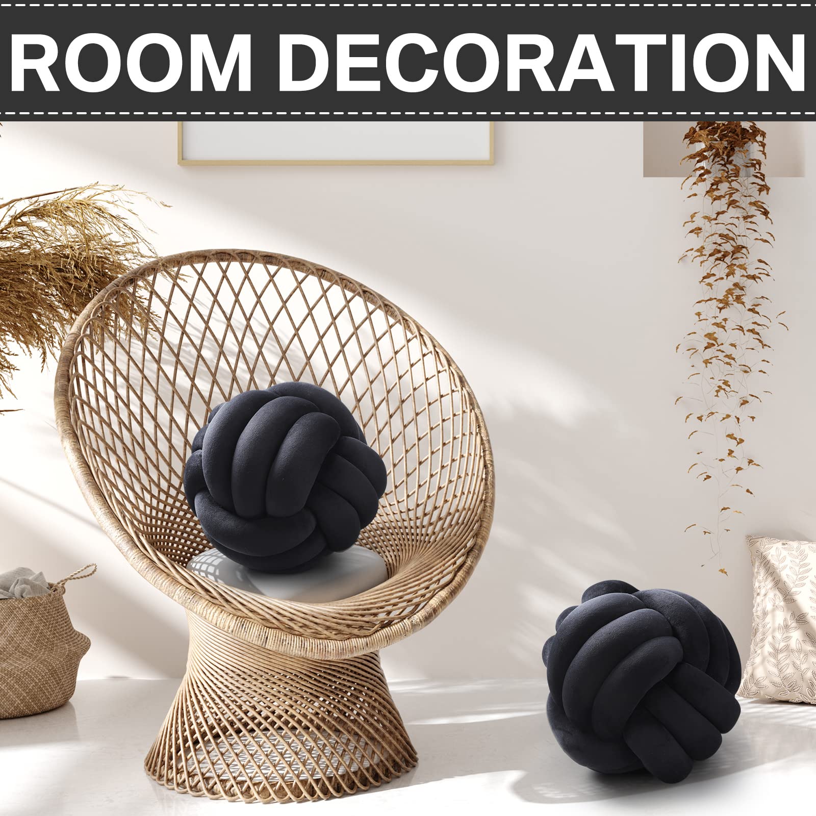 Namalu 2-Pack Plush Stress Relief Knot Pillows - 10.6 Inch Round Decorative Throw Pillows for Sofa, Bed & Home Decor (Black) | Anxiety Relief & Cozy Living Room Accents