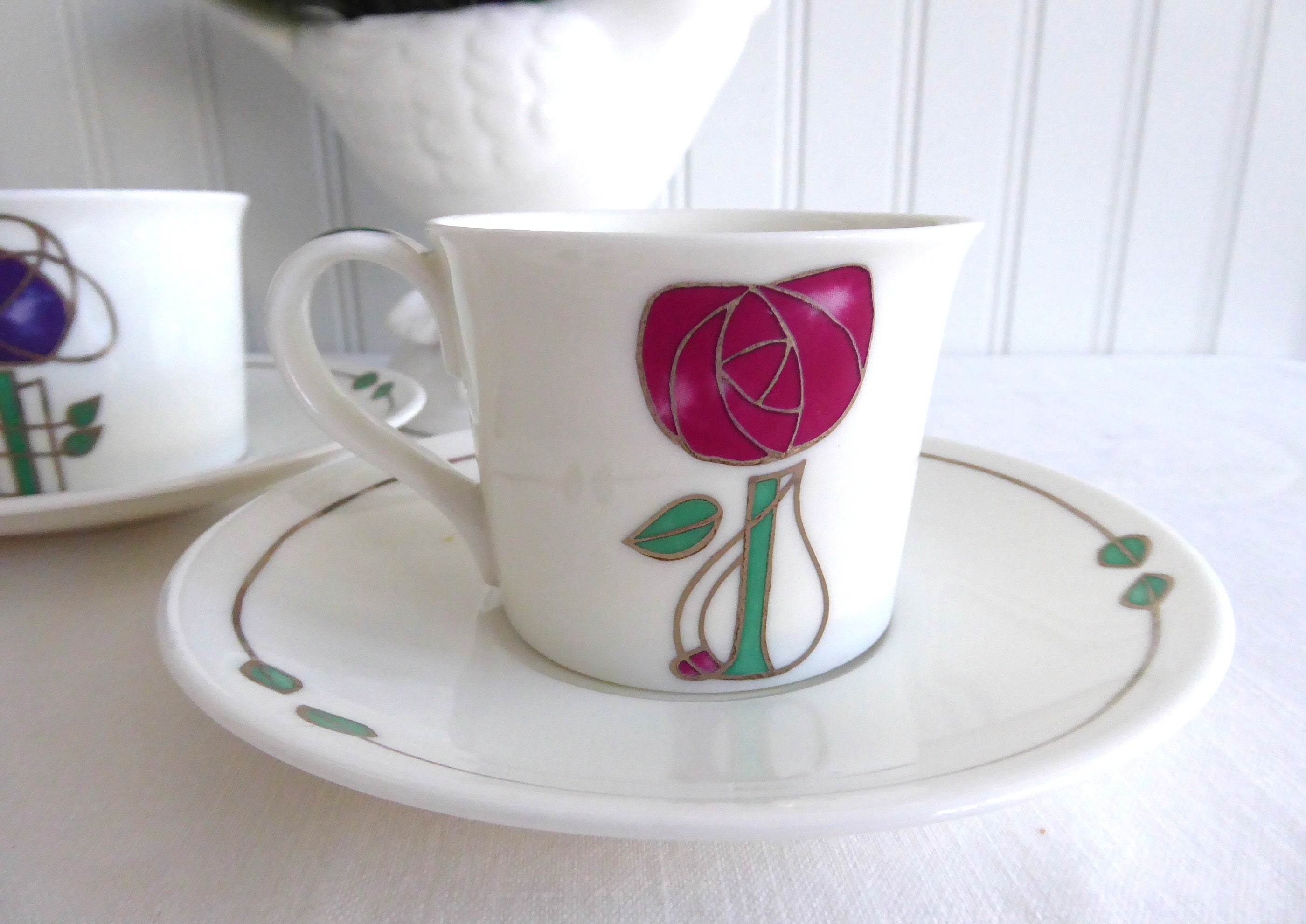 Dunoon 2-Piece Arts and Crafts Espresso Cups with Saucers - Premium Bone China Demi Helensburgh Collection - Perfect for Coffee Lovers and Home Decor