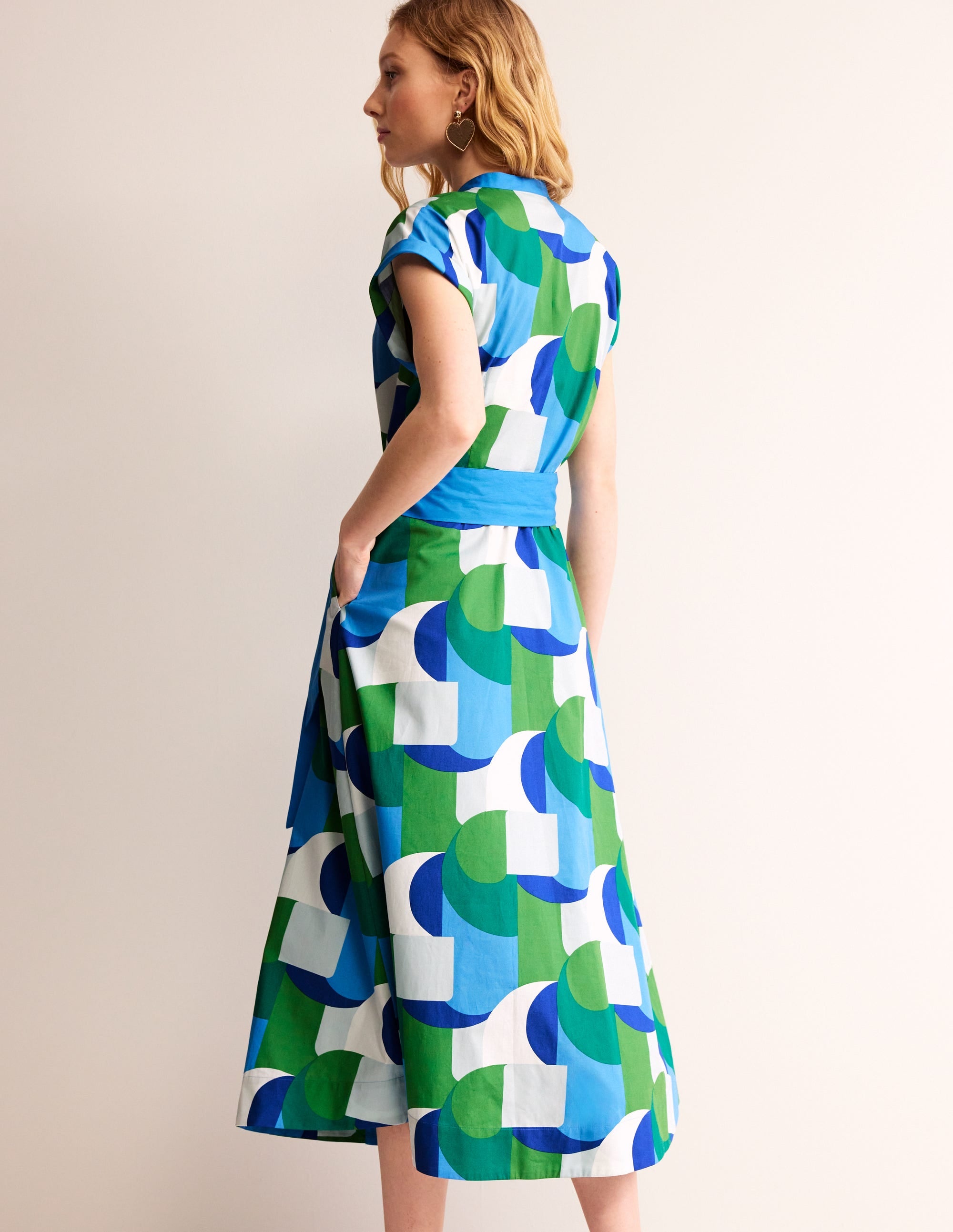 Amanda Cotton Midi Shirt Dress for Women - Blue Geometric Swirl Print Casual Summer Dress - Perfect for Office, Beach Vacation and Date Night Outfits