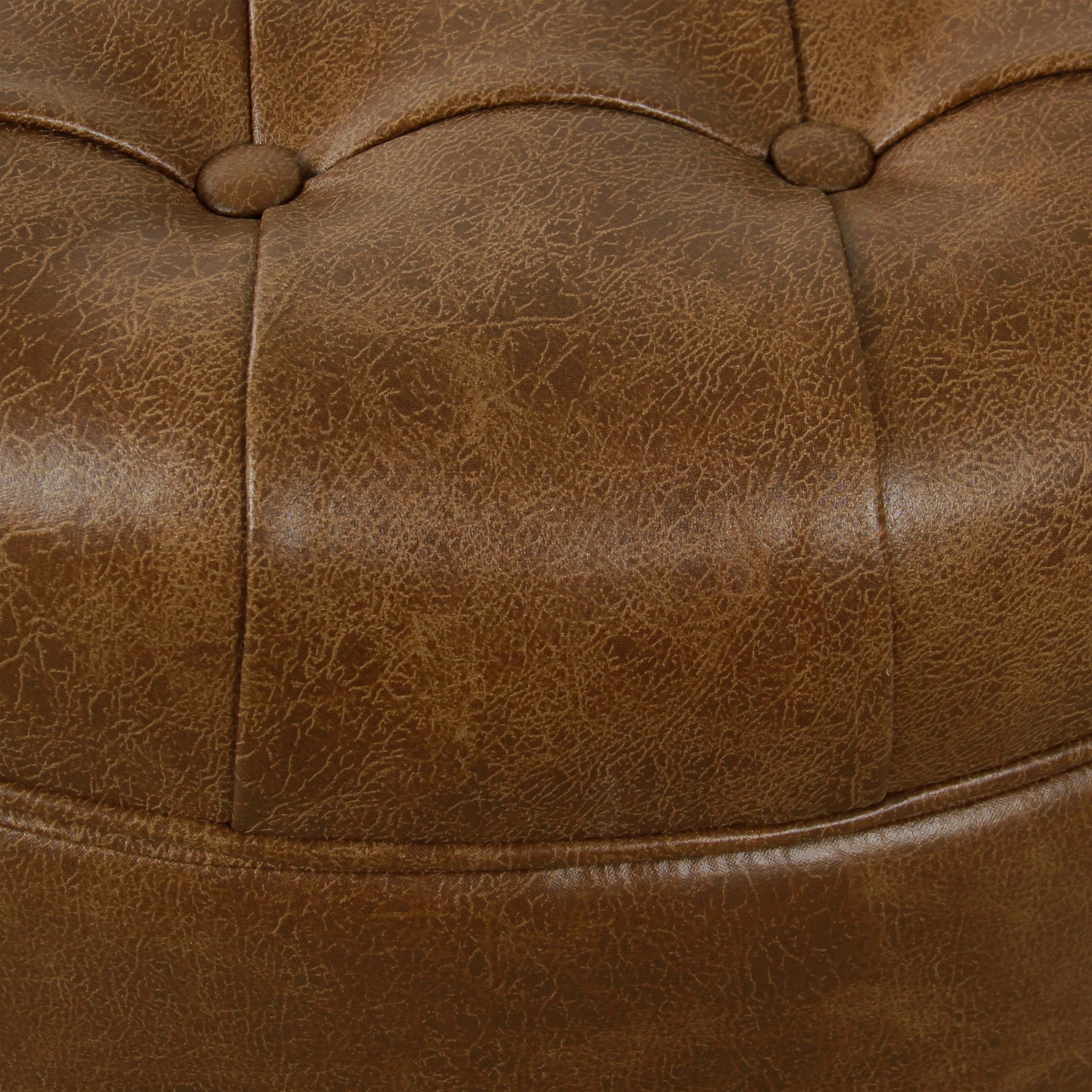 Homepop Button Tufted Faux Leather Round Storage Ottoman - Brown Leather Footrest Stool with Hidden Storage for Living Room, Bedroom & Home Decor | Perfect for Extra Seating, Footrest & Organization