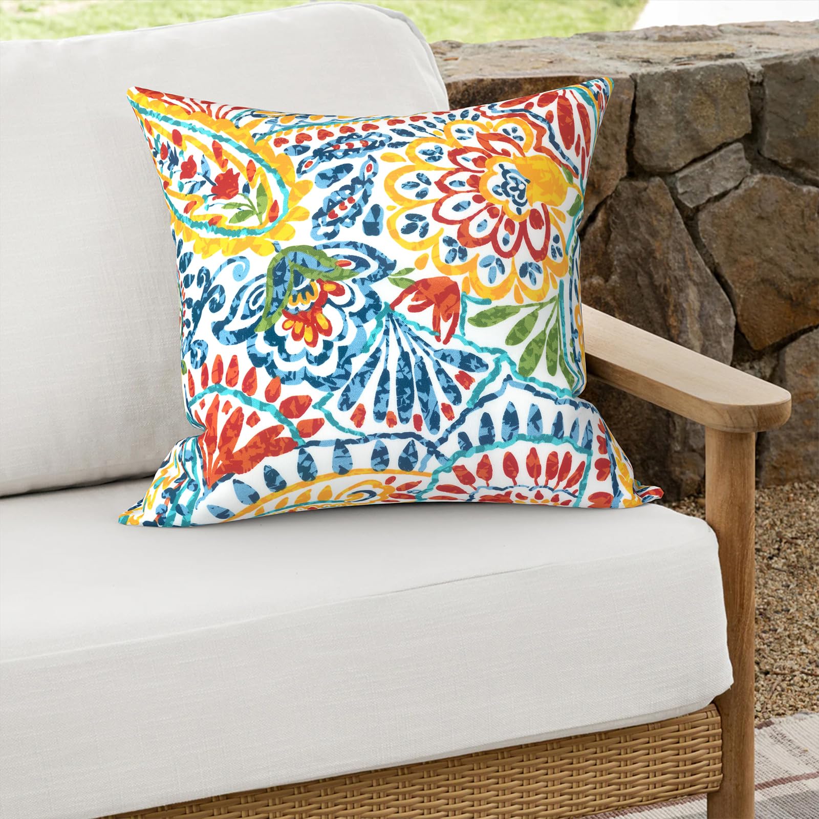 Waterproof Outdoor Throw Pillows 16x16 Inch - Set of 2 Paisley Printed Patio Cushions with Removable Covers, All-Weather Garden Sofa Pillows for Porch, Deck, Poolside & Backyard Furniture Decor