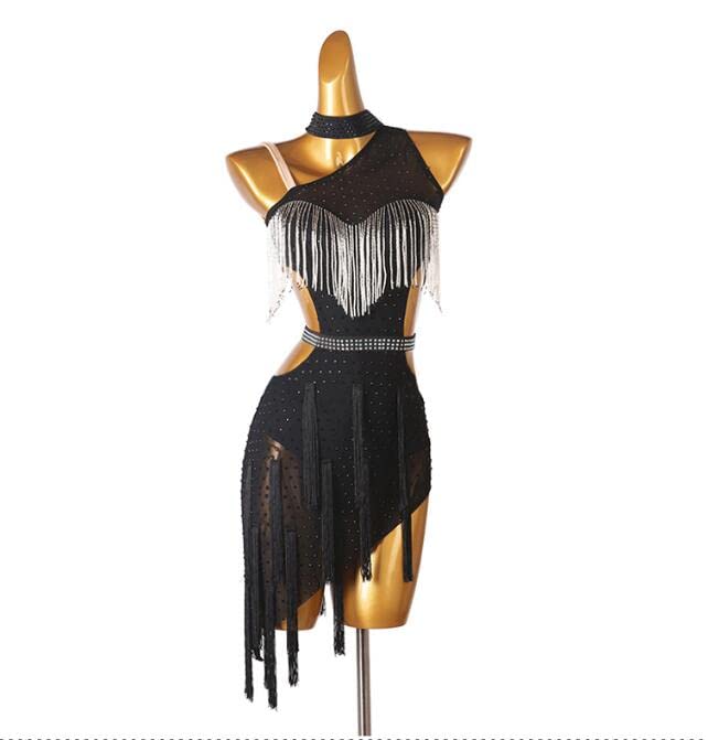 Elegant Latin Dance Dress for Women - Cha Cha Tango Salsa Competition Costume with Sloping Shoulders & Built-in Shorts - Perfect for Ballroom, Performances & Social Dancing