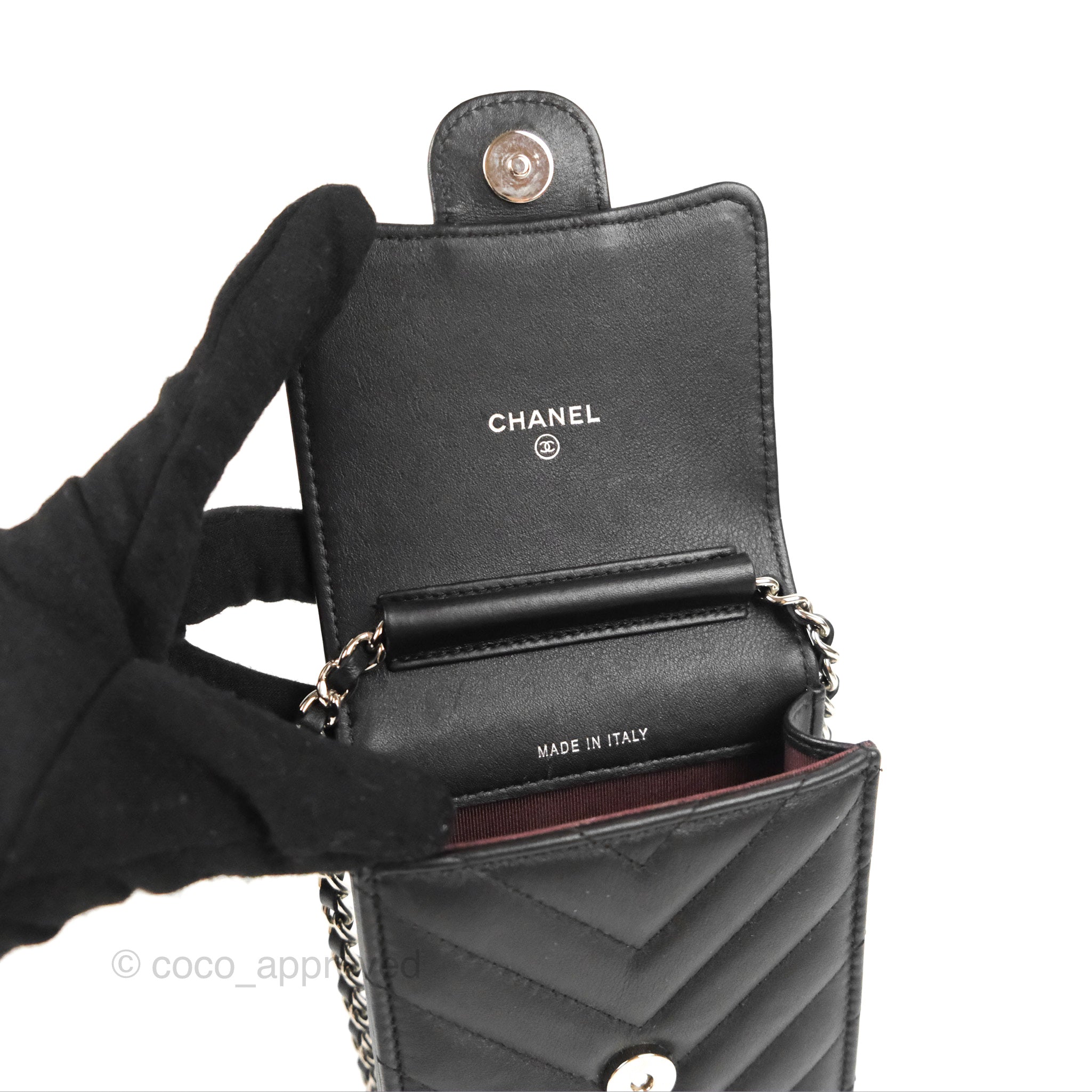 Chanel Classic Chevron Phone Holder - Black Calfskin with Silver Hardware | Luxury Phone Accessory for iPhone & Samsung | Perfect for Office, Travel & Daily Use