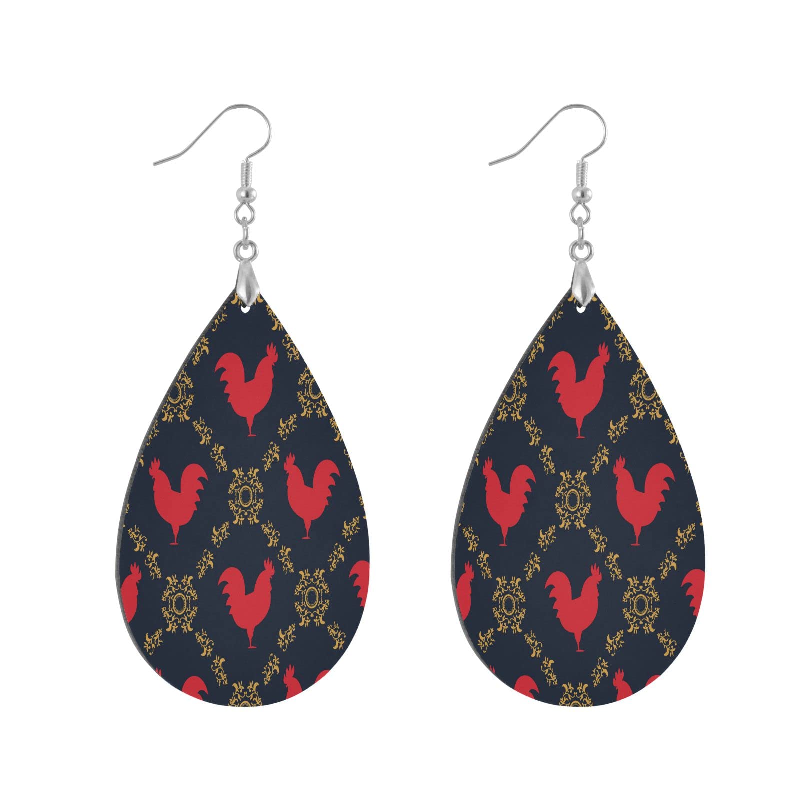 Vintage Rooster Chicken Pattern Teardrop Dangle Earrings - Lightweight Wooden Drop Earrings for Women & Girls - Statement Jewelry Gift for Her - Perfect for Parties, Weddings & Everyday Wear