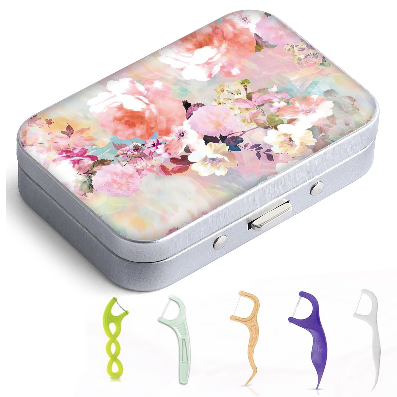Portable Dental Floss Case with Dispenser - Compact Travel Floss Holder for Floss Picks of All Sizes | Perfect for Travel, Hotels, Restaurants & On-the-Go Oral Care (Pink Flower Design)