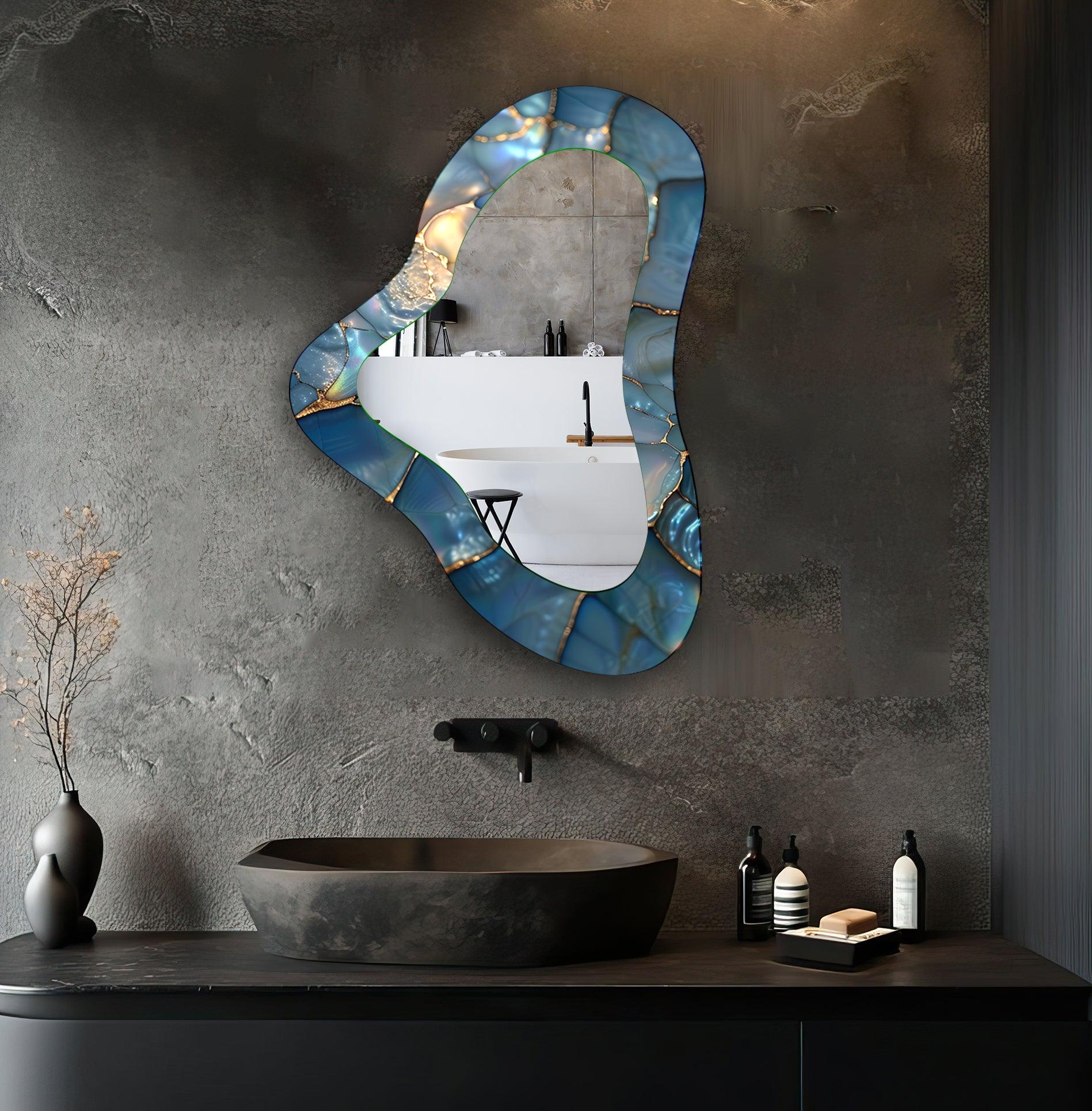Blue Irregular Glass Wall Mirror - Modern Decorative Mirror for Living Room, Bedroom, Entryway - Unique Handcrafted Home Decor