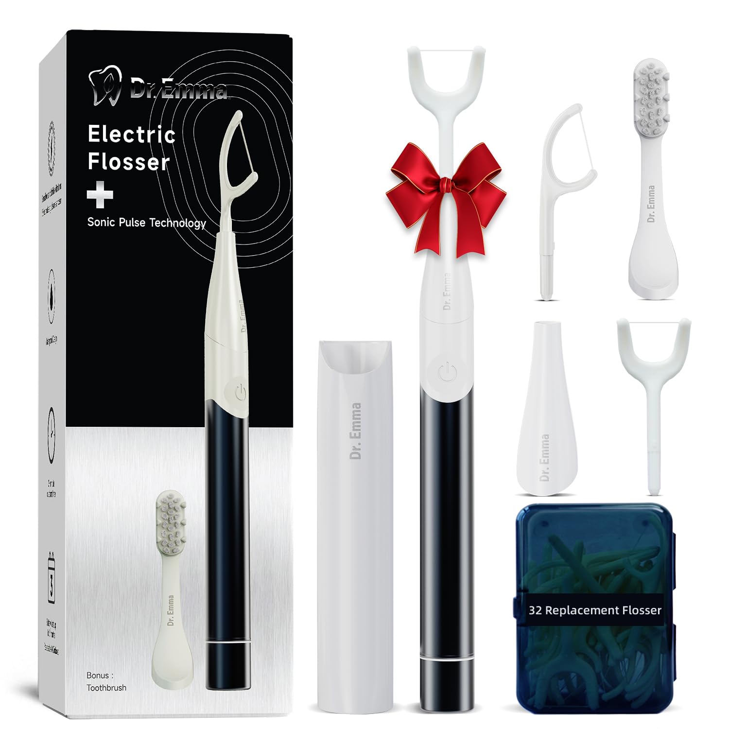 Electric Vibration Flosser with 10 Replaceable Floss Picks & Toothbrush Head - Cordless Water Flosser Alternative for Adults - Professional Dental Cleaning Kit for Teeth & Gums Care - Perfect for Travel, Home & Nighttime Oral Hygiene