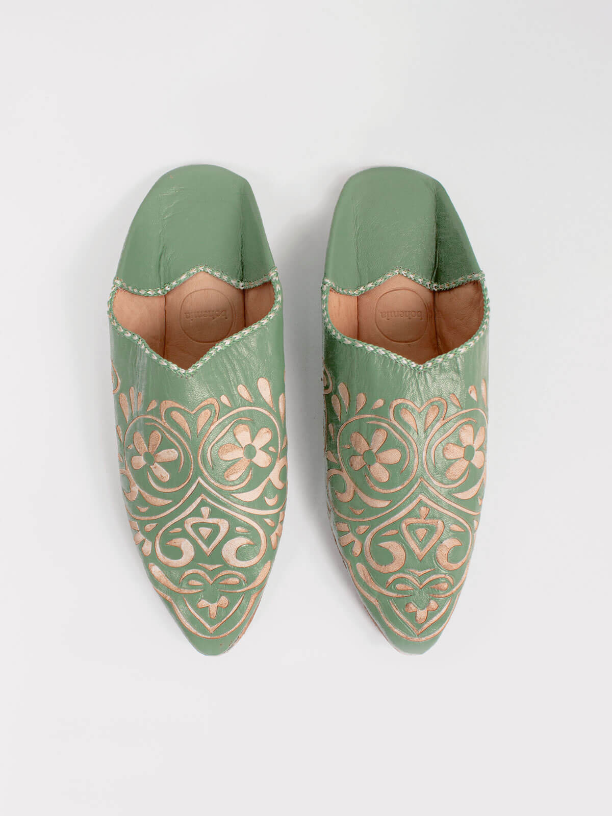 Moroccan Decorative Heart Babouche Slippers - Soft Sage Green Leather House Shoes for Women | Perfect for Home, Lounge & Boho Chic Outfits