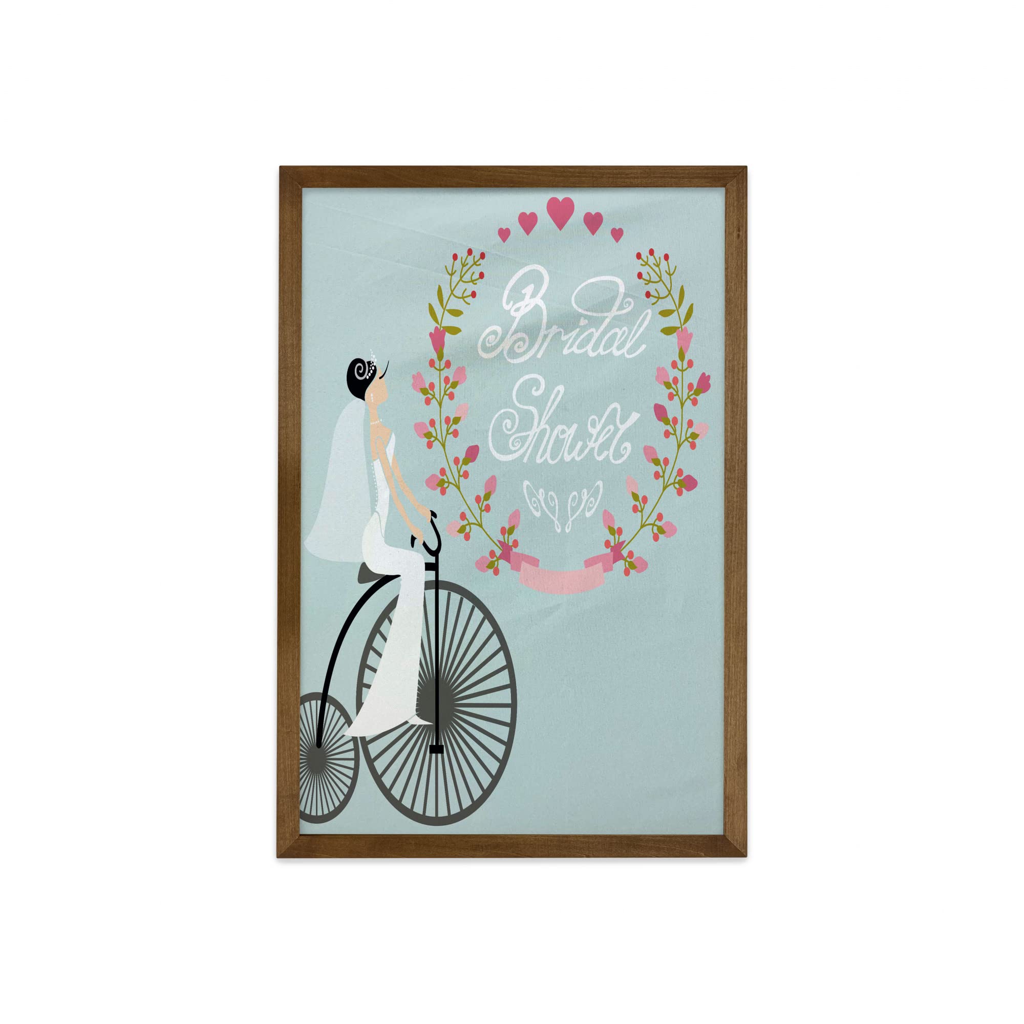 Ambesonne Framed Wall Art - Bride on Bicycle in Wedding Dress with Flowers, Teak Wood Frame Home Decor, 23x35 Inches, Charcoal Grey & Pale Blue - Perfect for Bridal Showers, Weddings, Bedroom & Dorm Decor