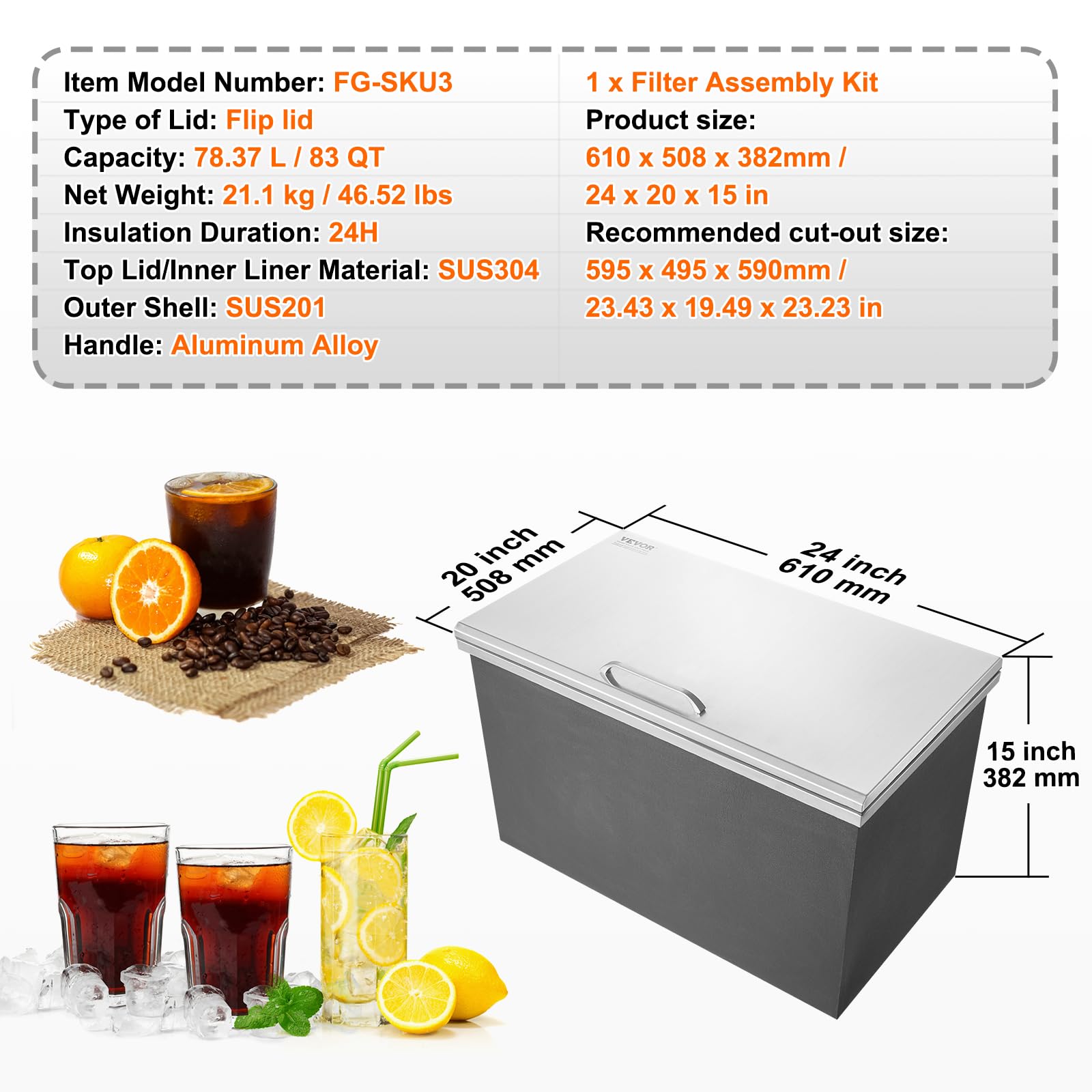 VEVOR 40QT Stainless Steel Drop-In Ice Chest Cooler - 24