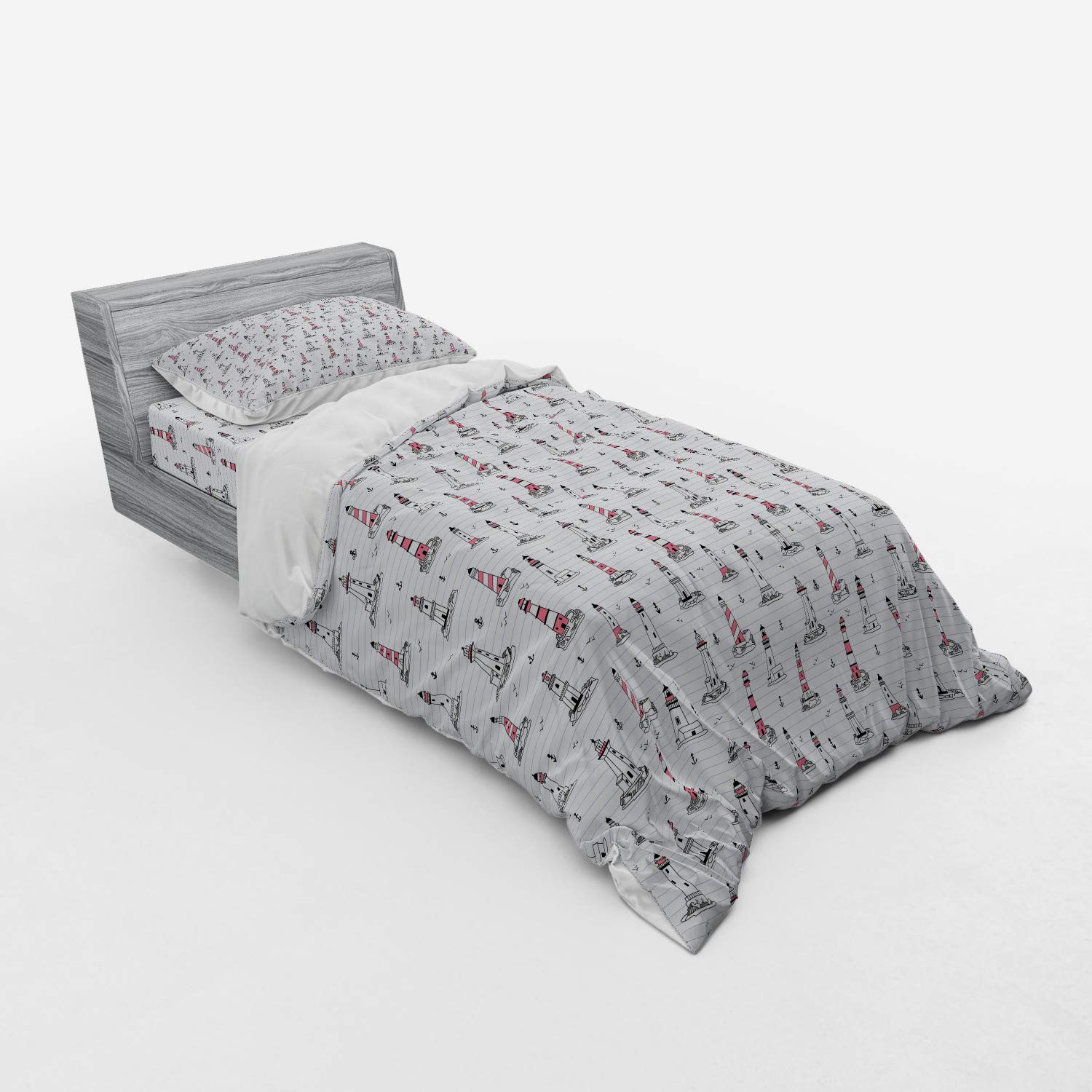 Ambesonne Lighthouse Bedding Set - Nautical Themed 3-Piece Duvet Cover with Notebook Pattern, Seagulls & Anchors Design in Pink Lilac Black, Twin Size | Perfect for Coastal Bedrooms, Beach House Decor & Nautical Theme Rooms