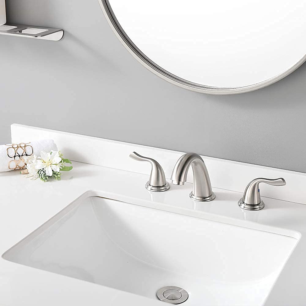 Premium Solid Brass Brushed Nickel 2-Handle Widespread Bathroom Sink Faucet with Stainless Steel Pop-Up Drain - Modern Waterfall Design for Vanity & Powder Room - Perfect for Master Bath, Guest Bath & Luxury Home Renovations