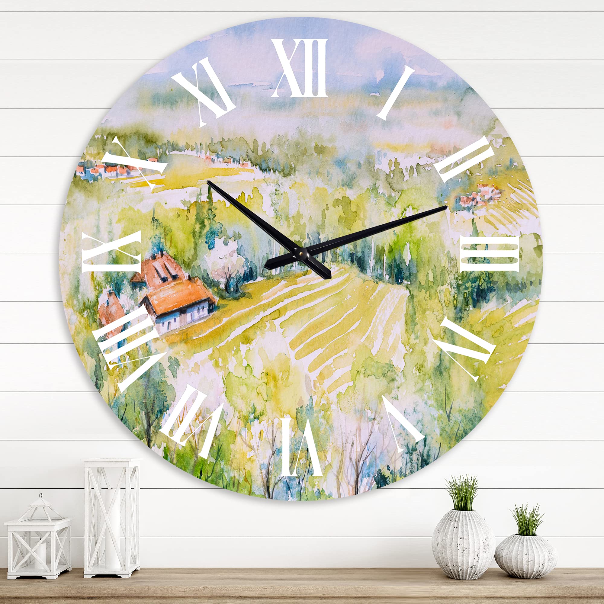 Large Country Wall Clock - 'Blossoming Green Fields' Landscape Nature Decor for Kitchen, Living Room, Bedroom | Rustic Farmhouse Style Home Décor