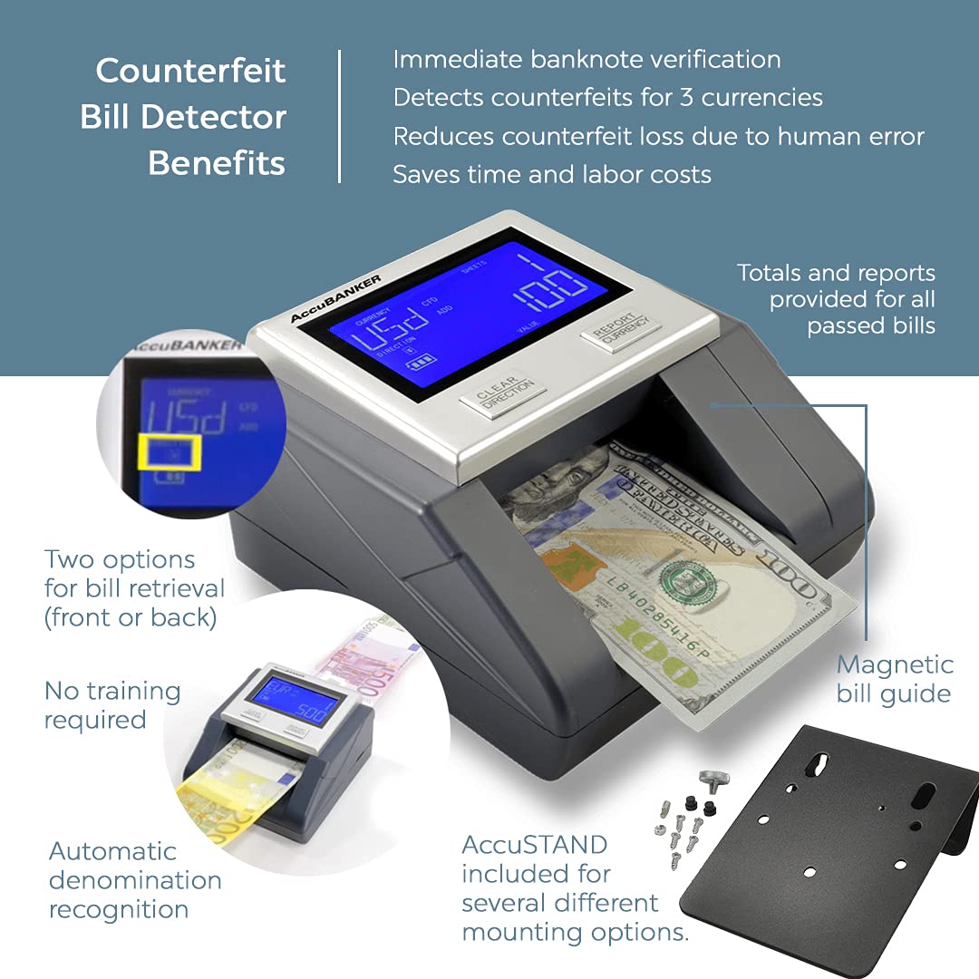 AccuBANKER D585 Multi-Scanix Counterfeit Money Detector with AccuSTAND - Multi-Directional Bill Feeder, UV/MG/IR Detection for USD, EUR, GBP, Visual & Audio Alarms - Perfect for Banks, Retail Stores, and Cash-Intensive Businesses