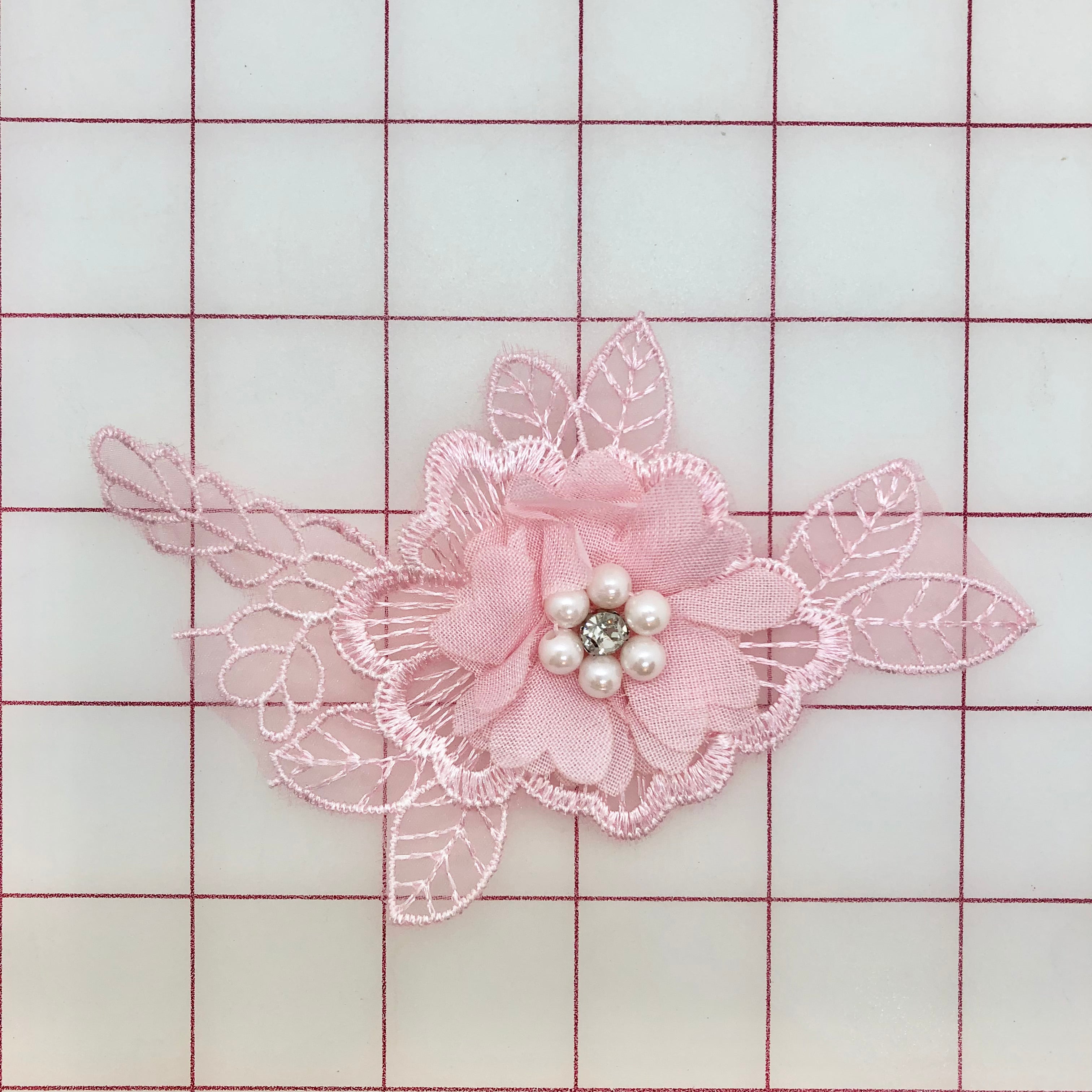 3D Lace Flower Appliques - Light Pink Embroidered Motifs for DIY Sewing, Wedding Dresses & Home Decor