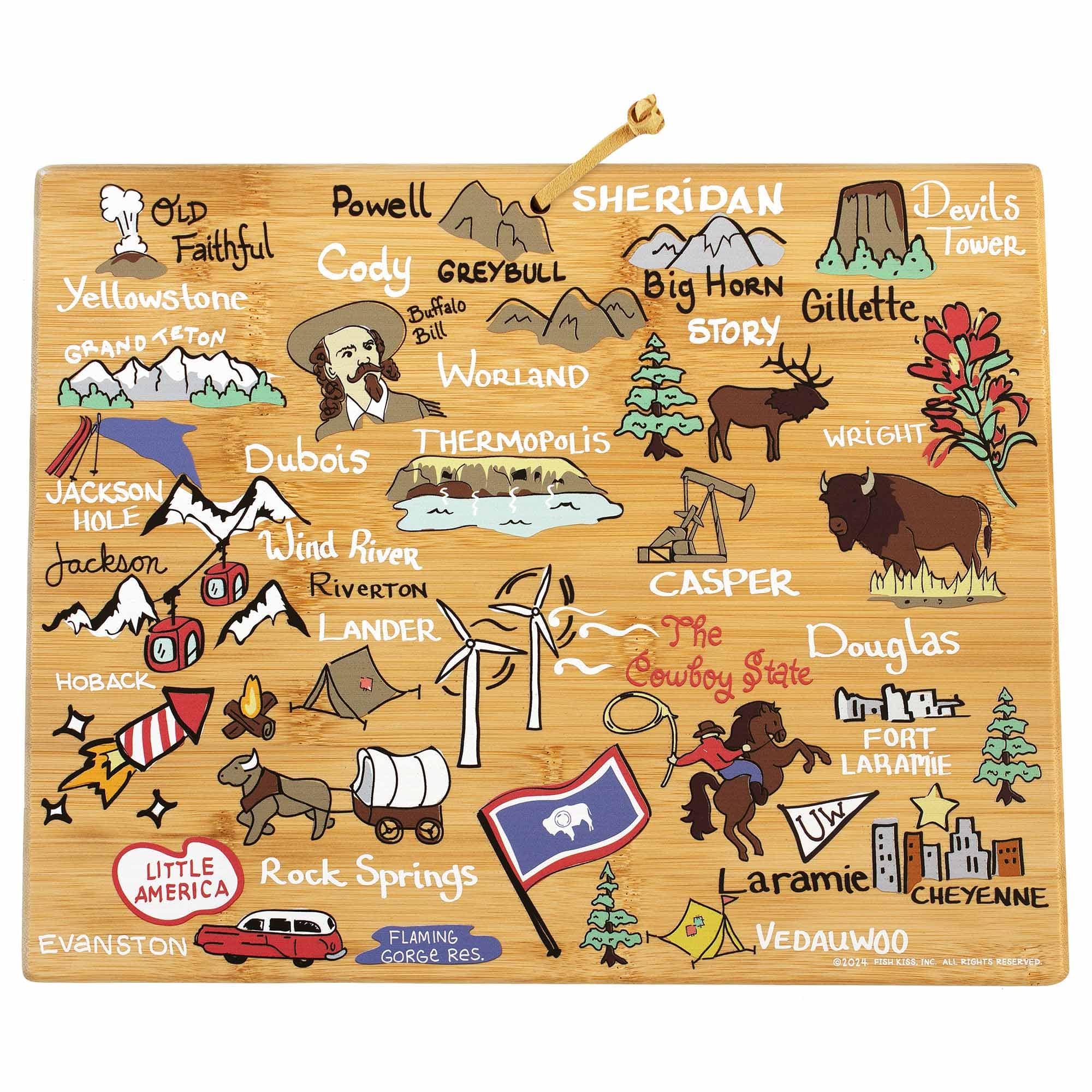 Premium Wyoming Wood Cutting Board with Fish Kiss™ Artwork - Durable Kitchen Essential for Chopping, Serving & Decor